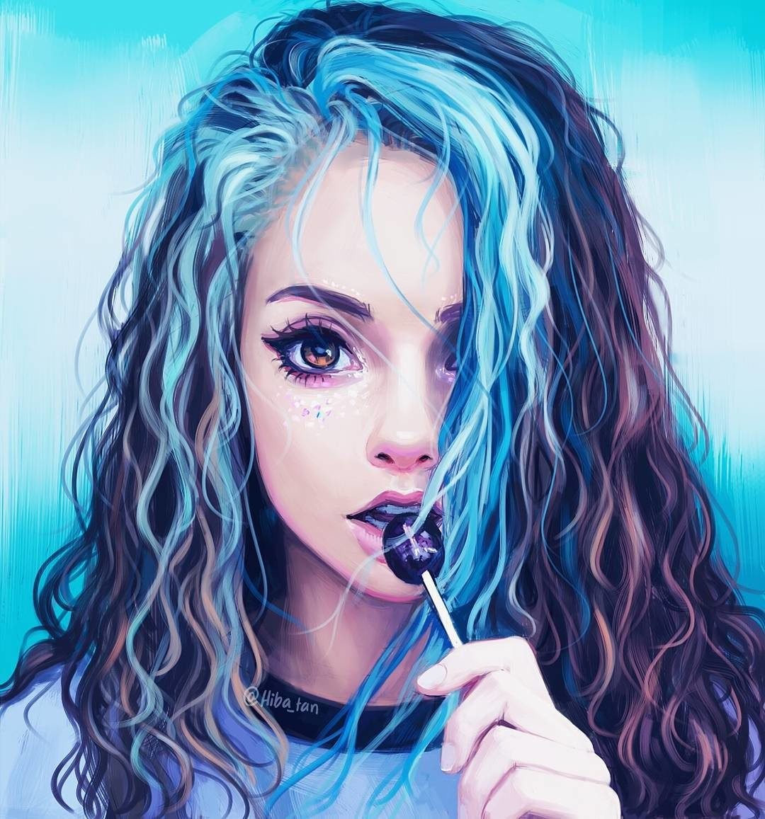 Woman with blue hair eating a lollipop HD Wallpaper