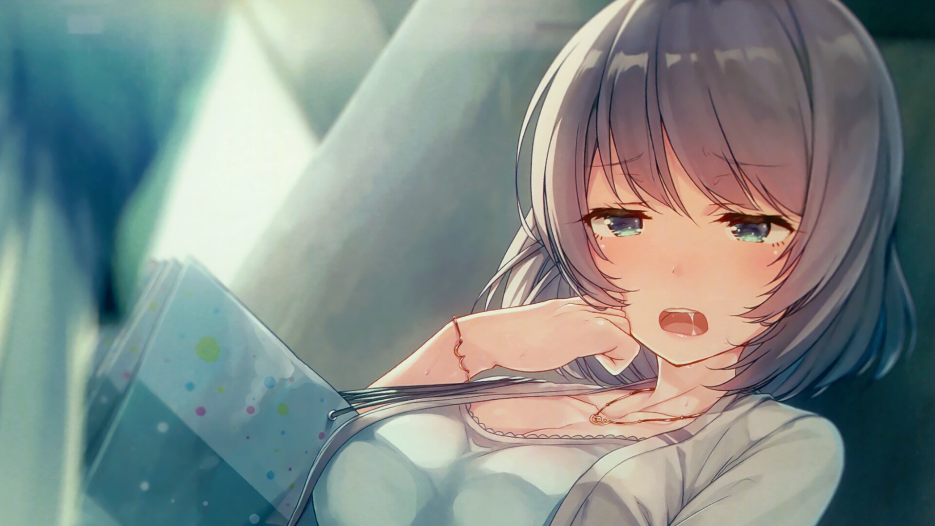 Anime girl with purple hair looking sad HD Wallpaper