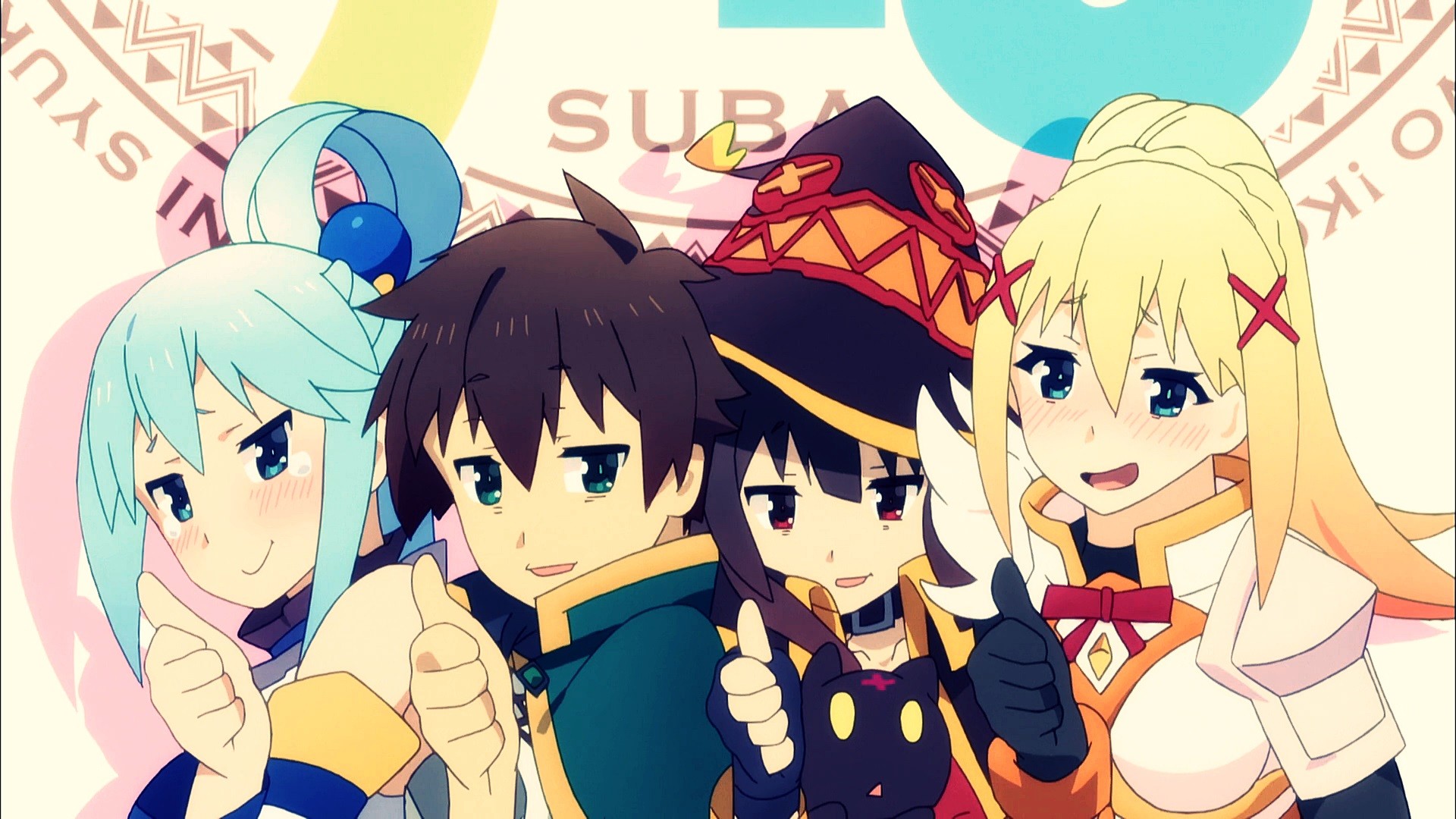 Aqua, Kazuma, Megumin, and Darkness from Kono Subarashii Sekai ni Shukufuku wo! HD Wallpaper