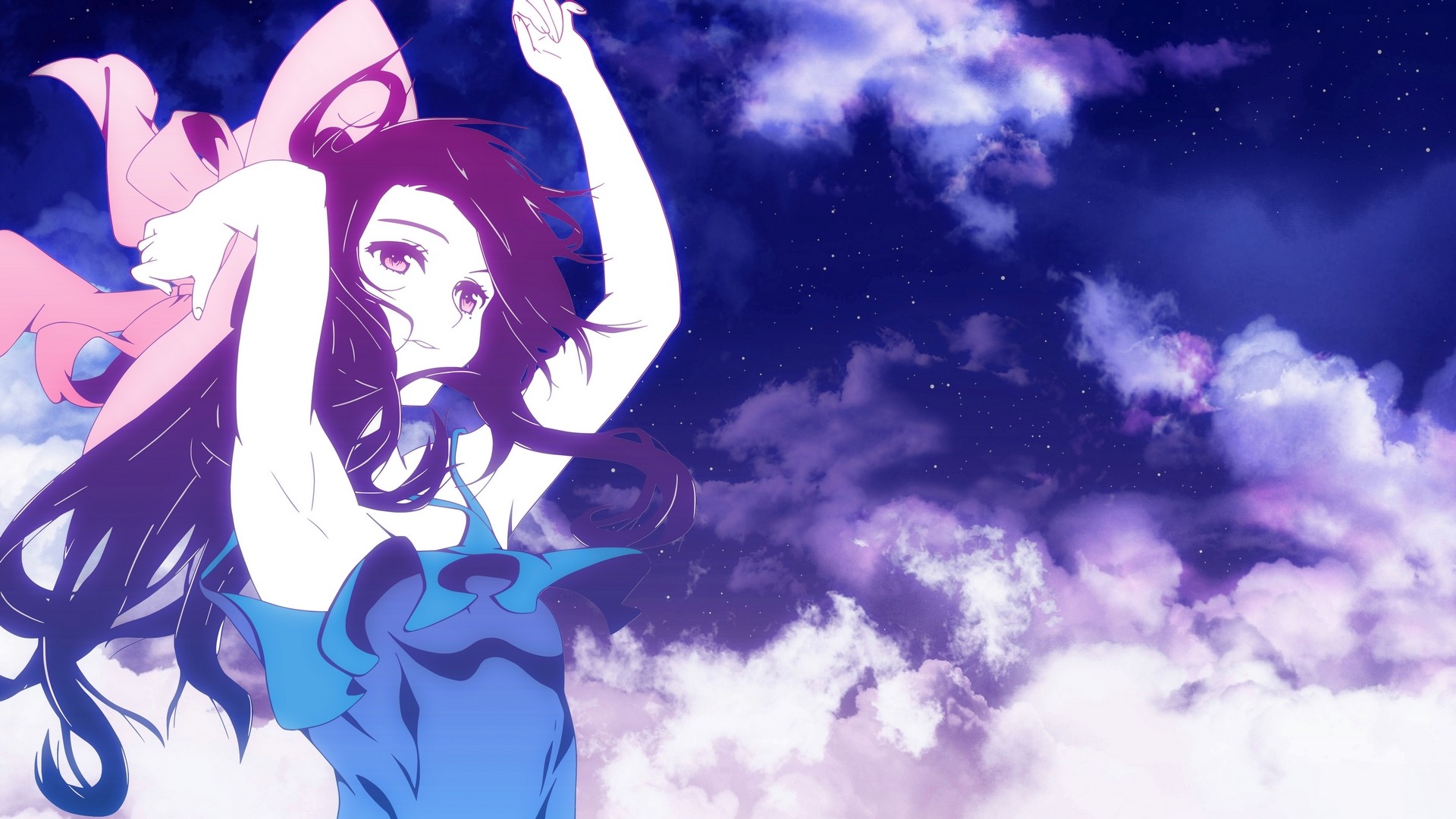 Haruka with pink bow and blue dress against starry sky HD Wallpaper