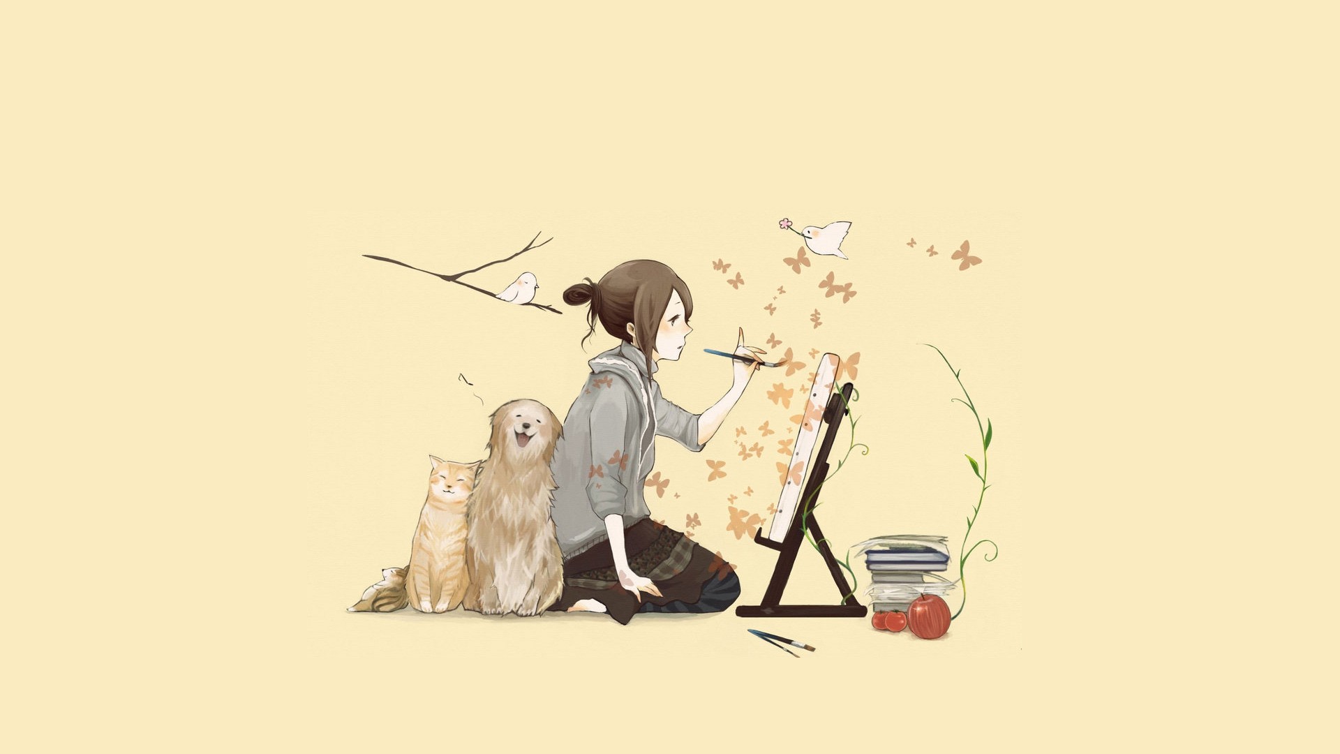 Girl painting with dog and cat HD Wallpaper