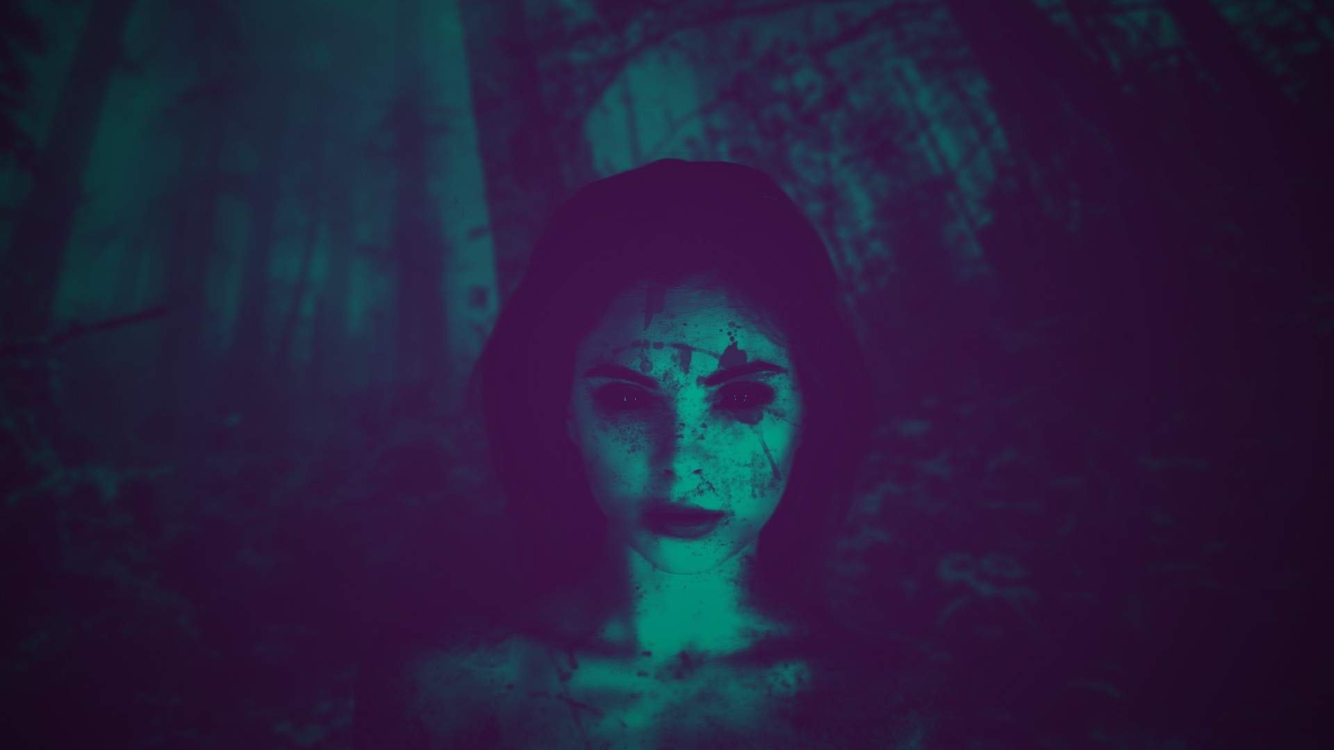 Woman with dark eyes and blood splatters in forest HD Wallpaper
