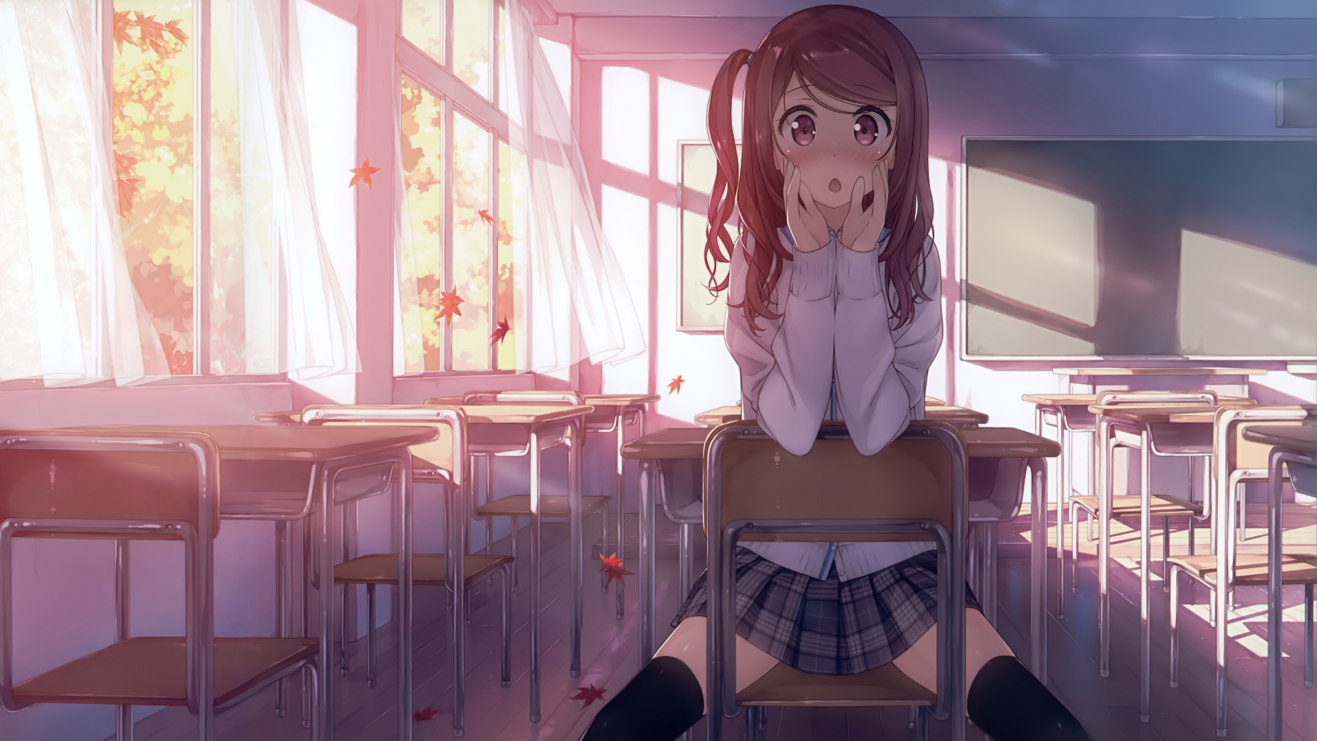Anime girl in classroom with autumn leaves HD Wallpaper