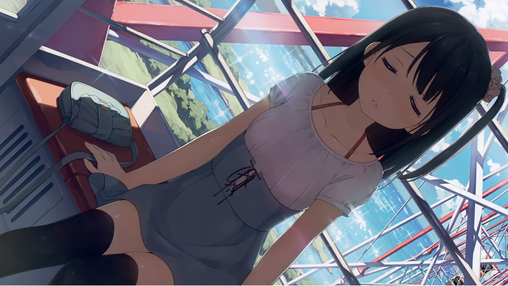 Anime girl with black hair sleeping on a train HD Wallpaper