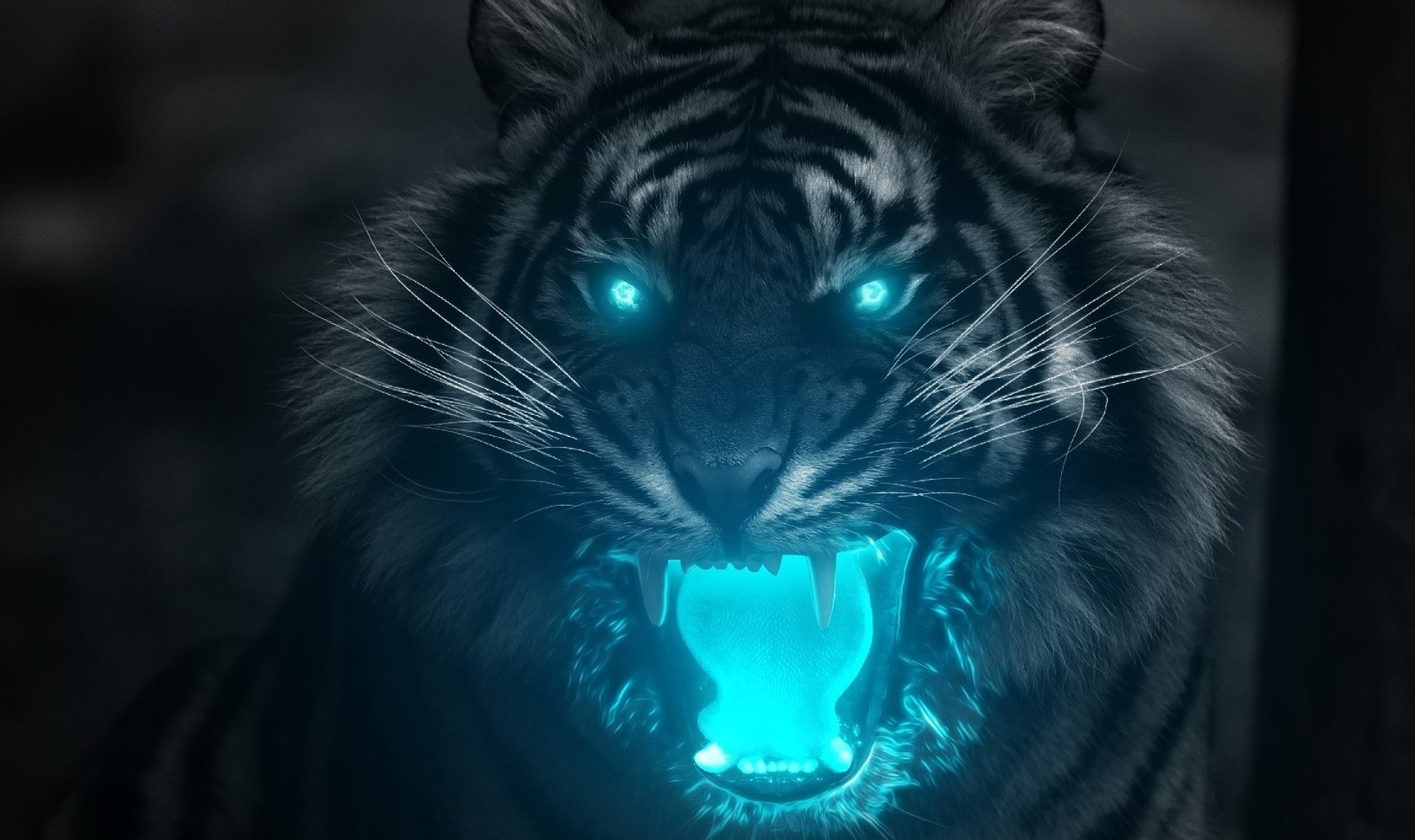 Tiger with glowing blue eyes and mouth HD Wallpaper