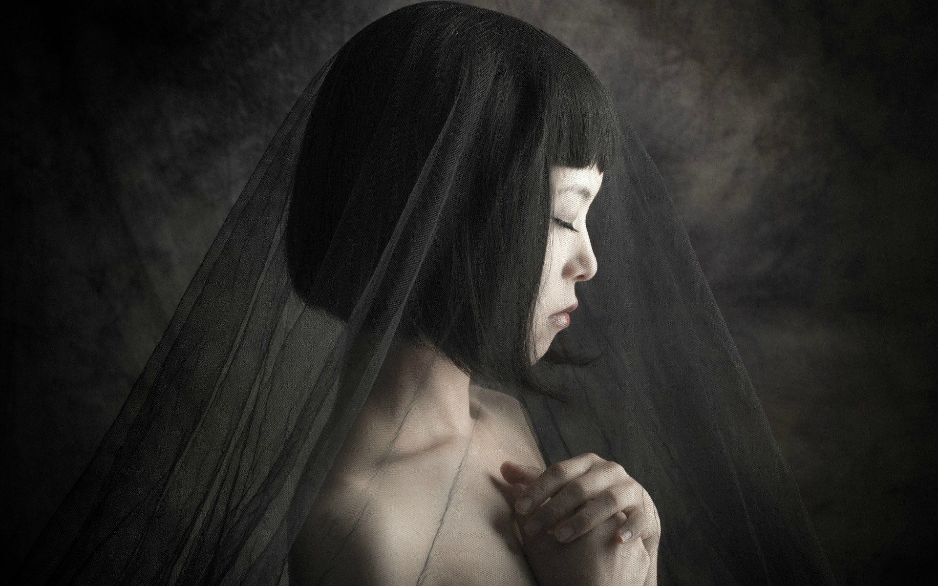 Asian woman with black bob haircut and veil HD Wallpaper
