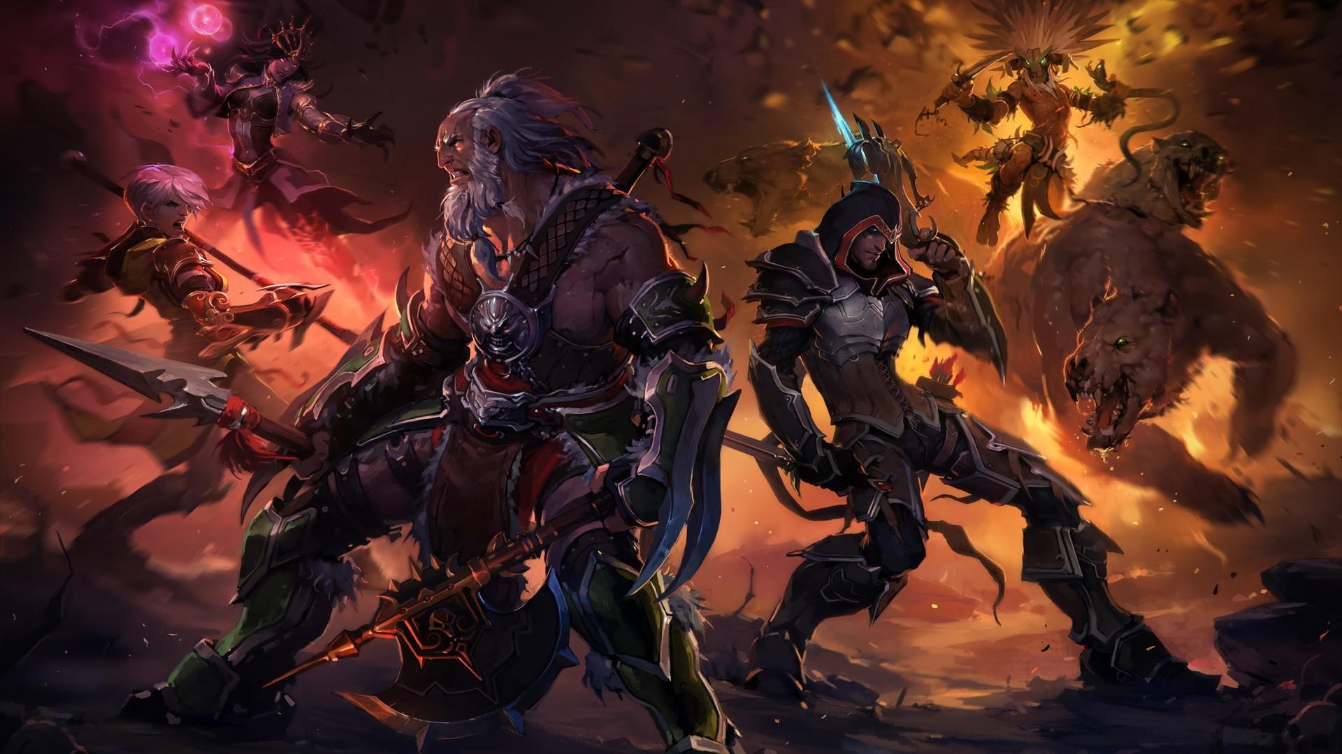 Diablo III characters fighting monsters HD Wallpaper