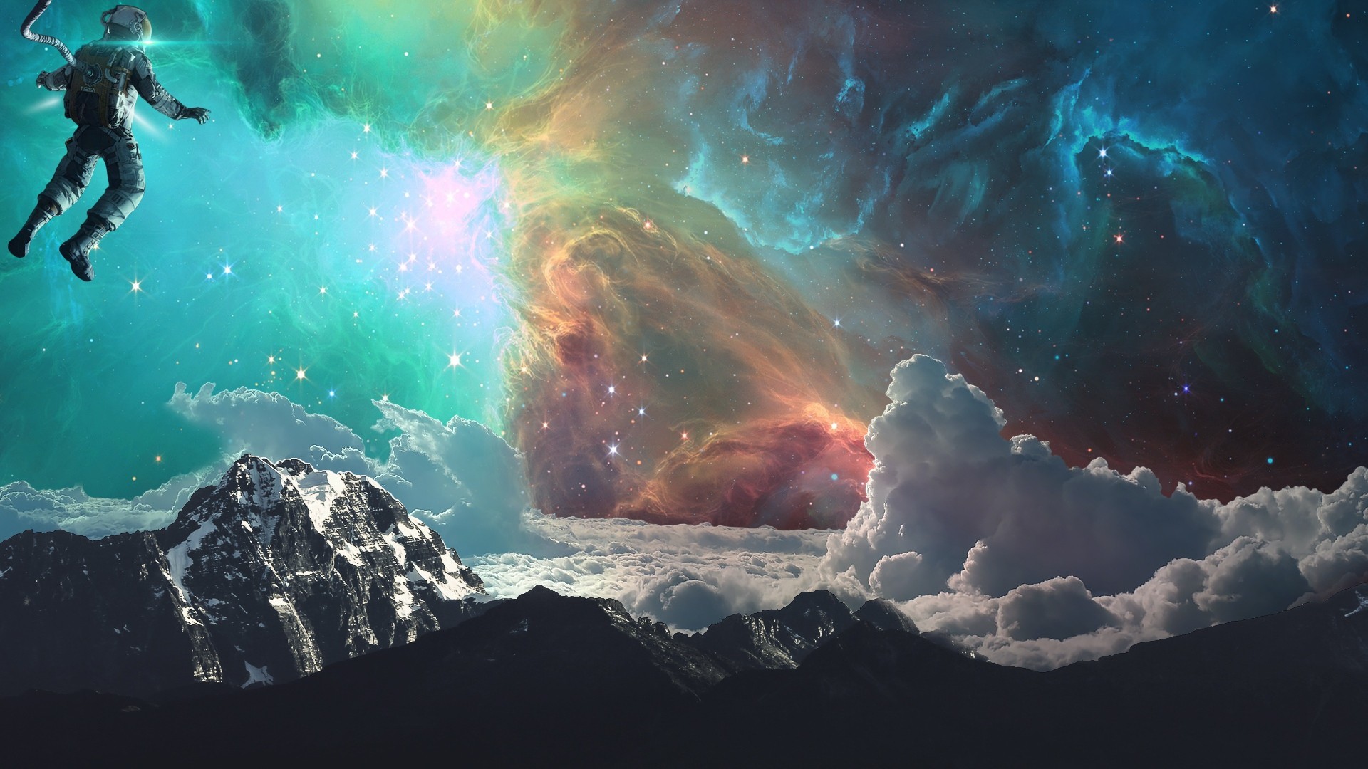 Astronaut floating in a colorful galaxy above mountains HD Wallpaper