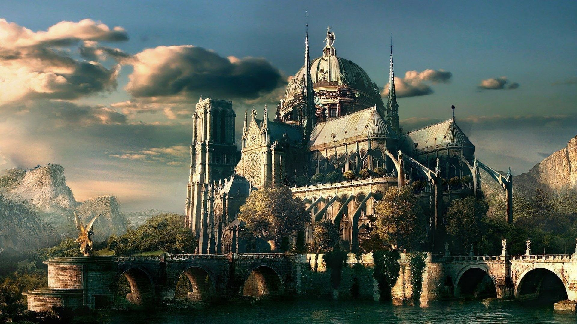 Fantasy cathedral on a river with mountains HD Wallpaper