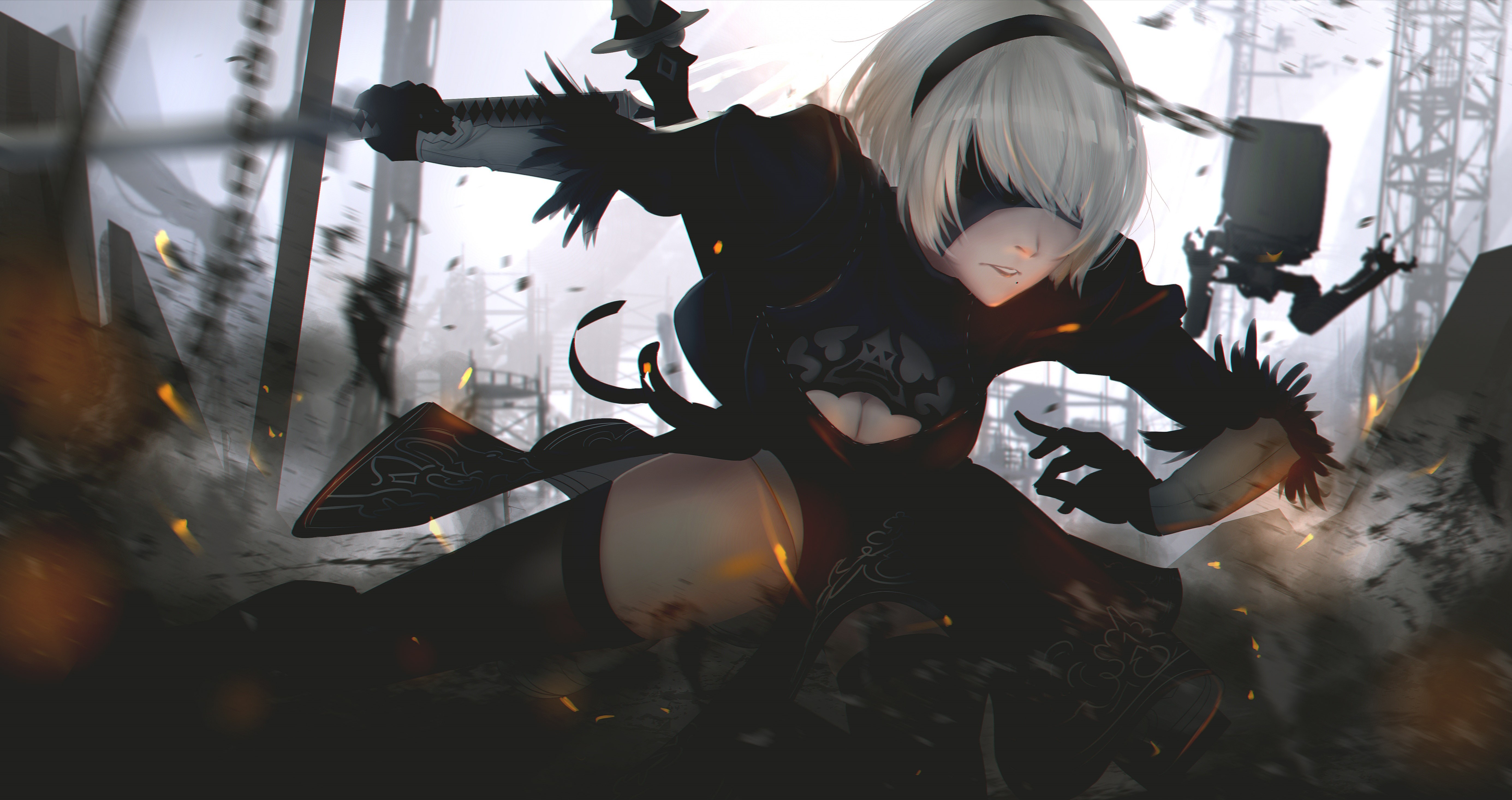 2B from Nier: Automata in a battle pose HD Wallpaper