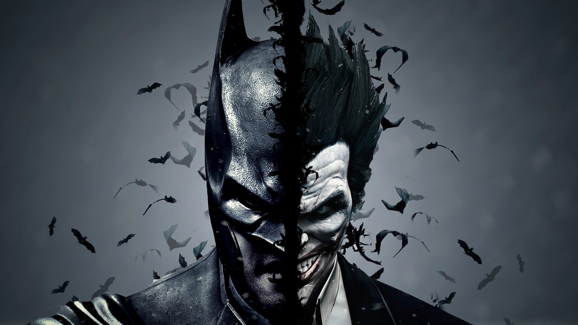 Batman and Joker split face with bats HD Wallpaper