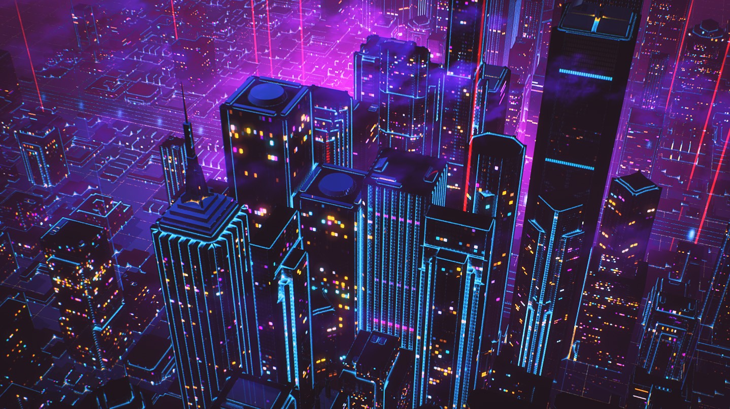 Neon cityscape with purple and blue lights HD Wallpaper
