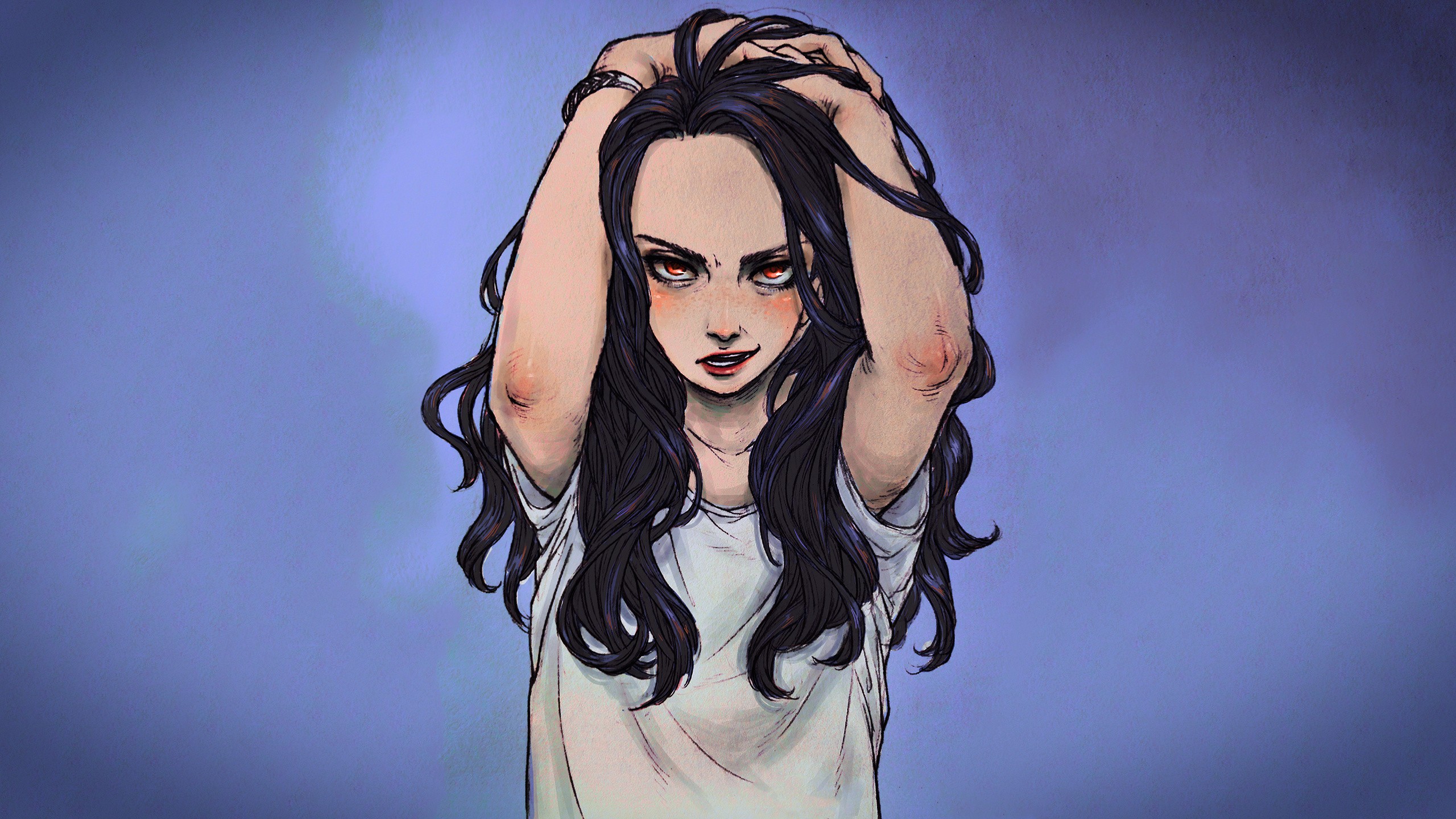 Anime girl with dark hair and red eyes HD Wallpaper