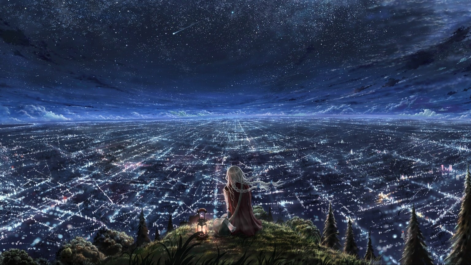 Girl with lantern overlooking city at night HD Wallpaper