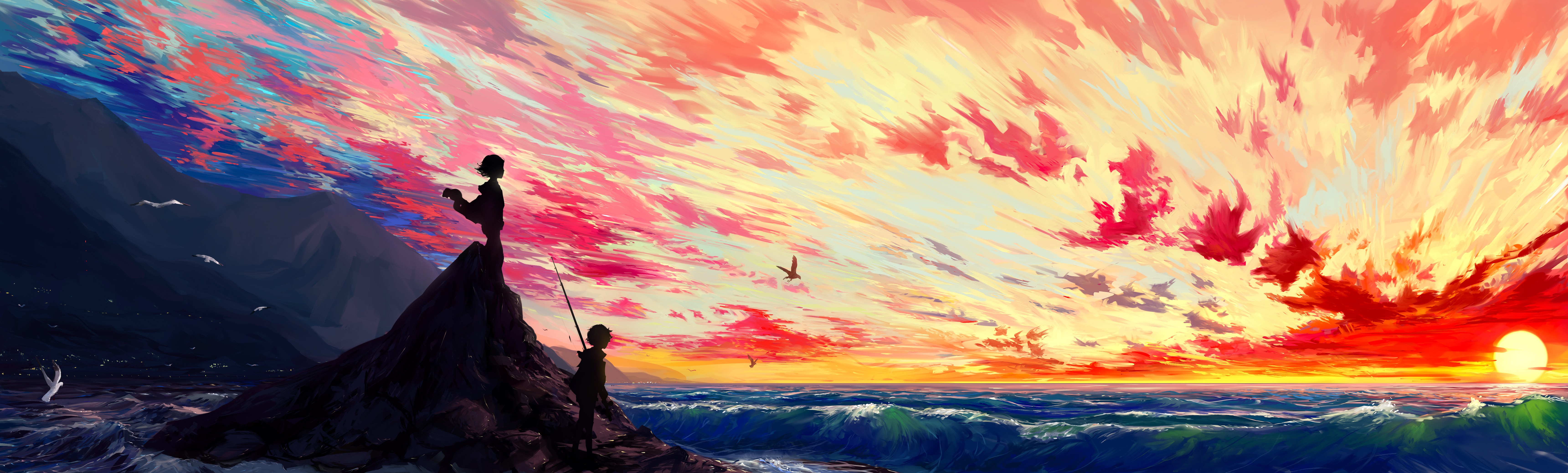 Two figures on a rocky shore at sunset HD Wallpaper