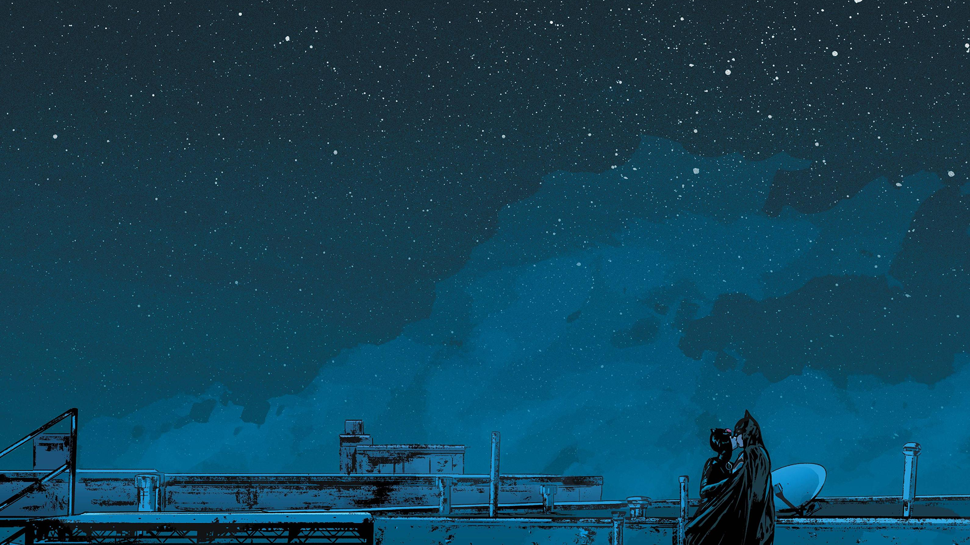 Batman and Catwoman kissing on a rooftop under a starry night sky HD Wallpaper