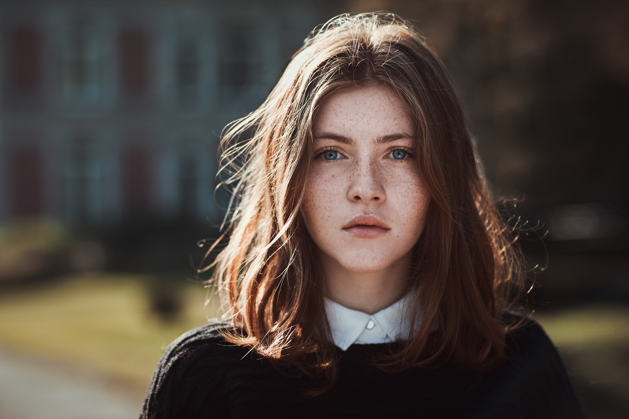 Woman with freckles and blue eyes HD Wallpaper