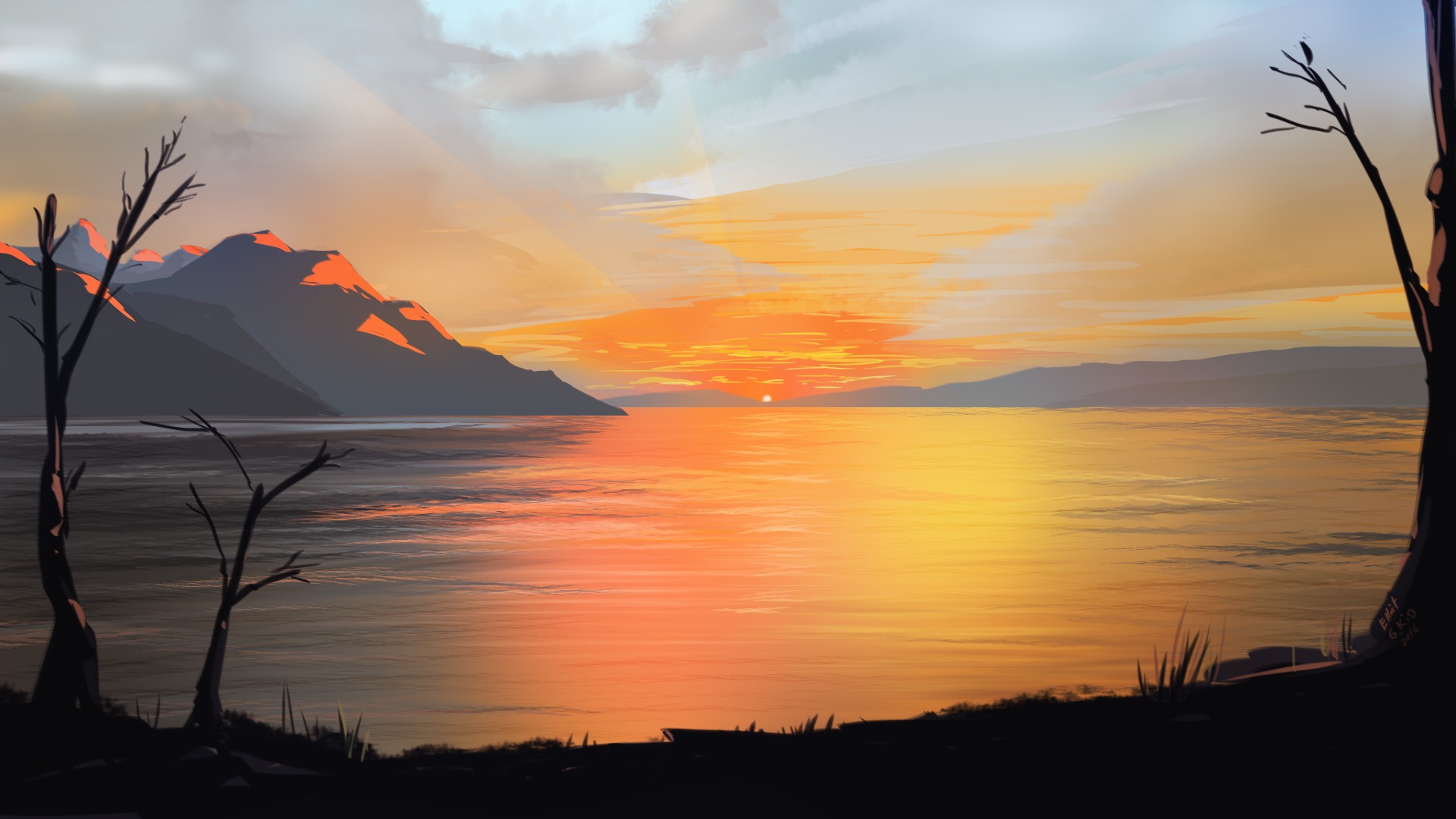 Illustration of a sunset over a body of water with mountains HD Wallpaper