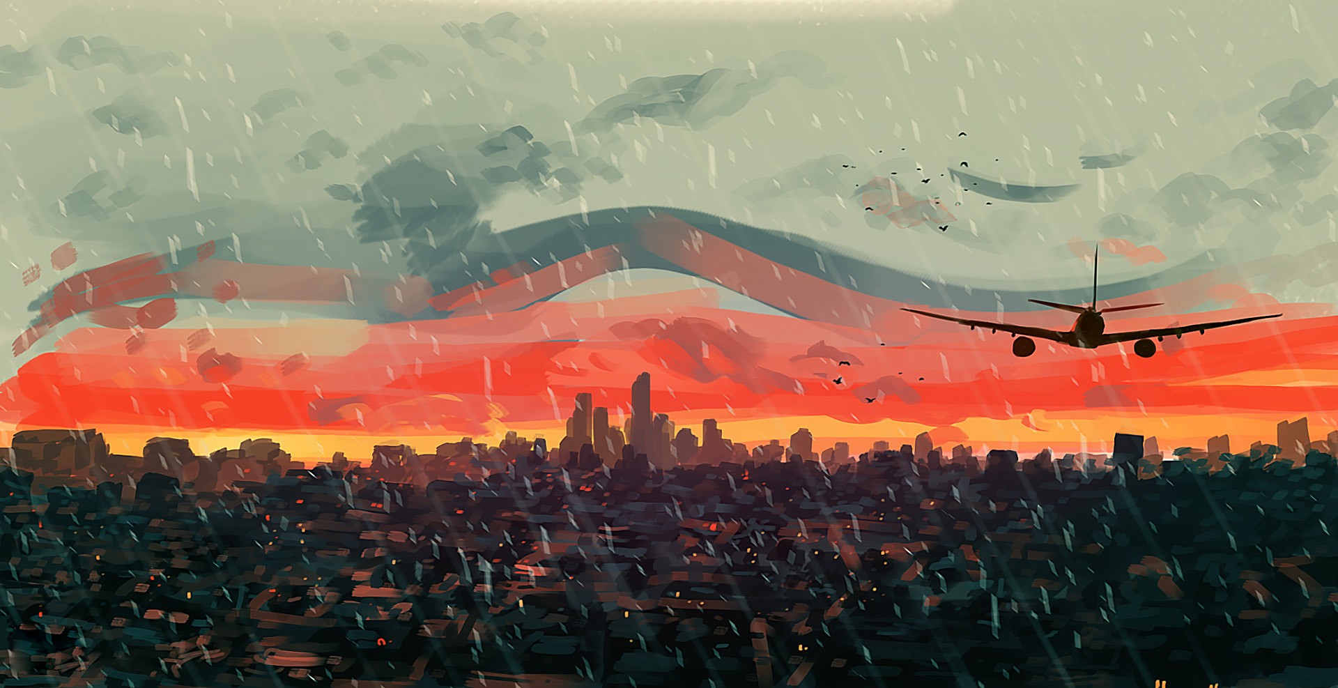 Airplane flying over city at sunset during rain HD Wallpaper