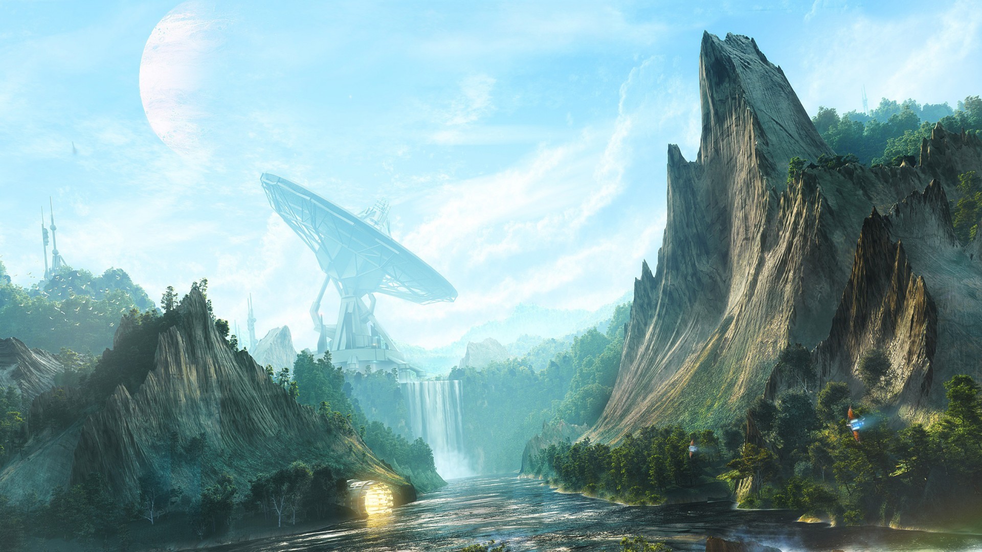 Futuristic landscape with satellite dish and waterfall HD Wallpaper