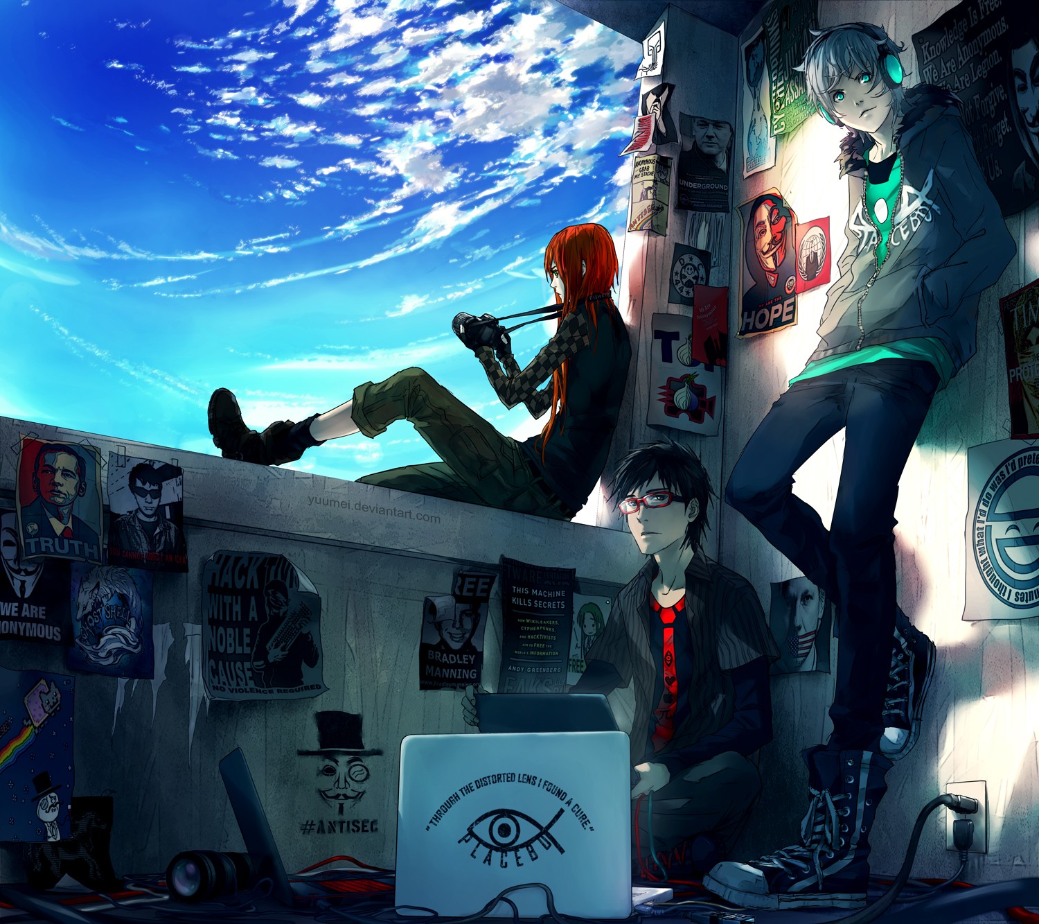 Anonymous hackers in a room with posters and a view of the sky HD Wallpaper