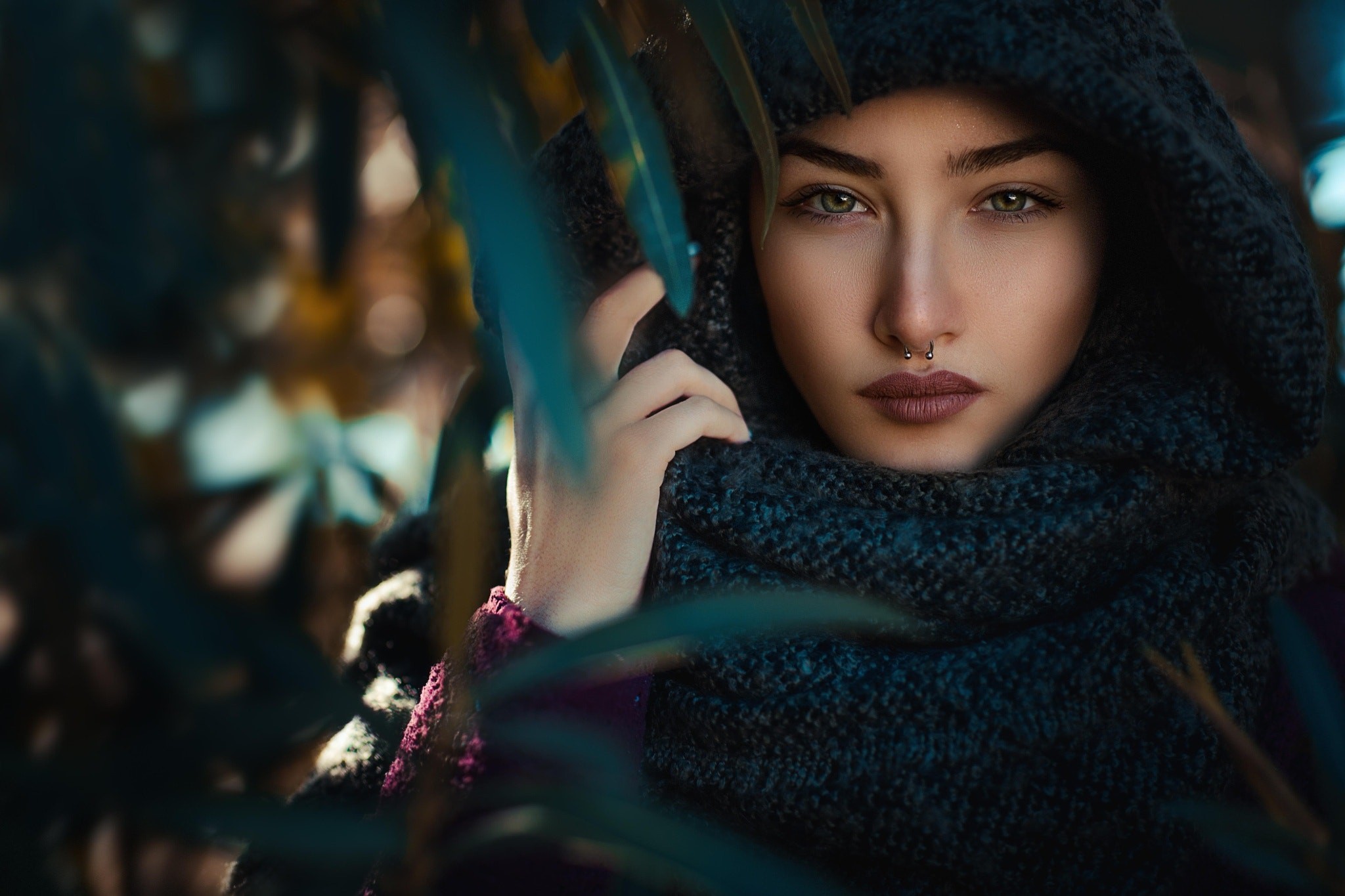 Woman with nose ring wearing a hood and scarf HD Wallpaper