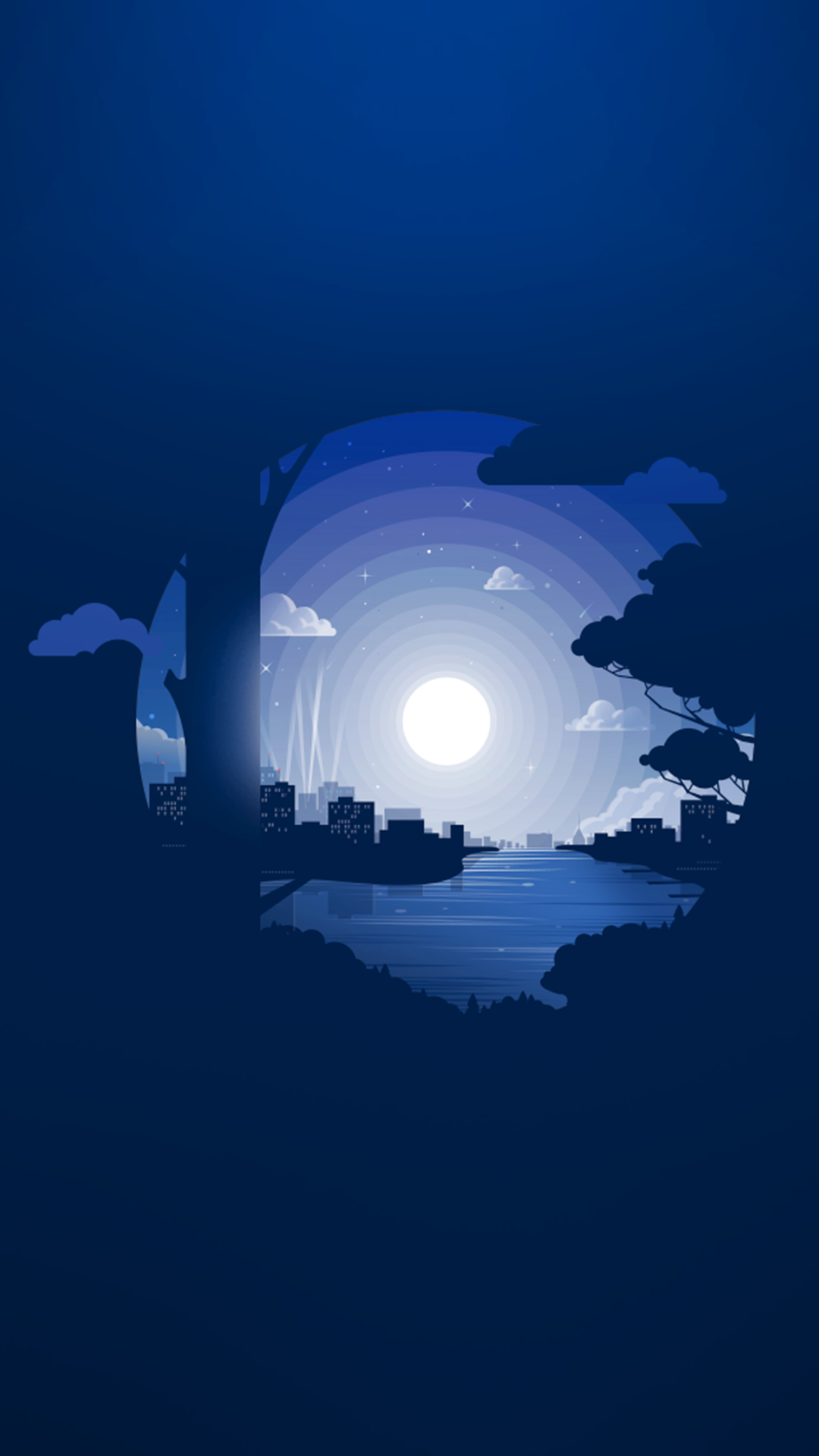 Minimalist night cityscape with moon over water HD Wallpaper