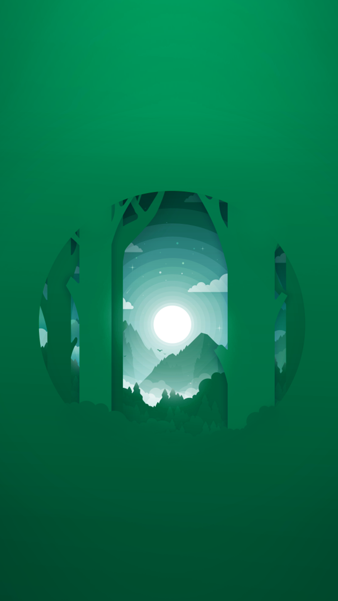 Minimalist forest scene with mountains and moon HD Wallpaper