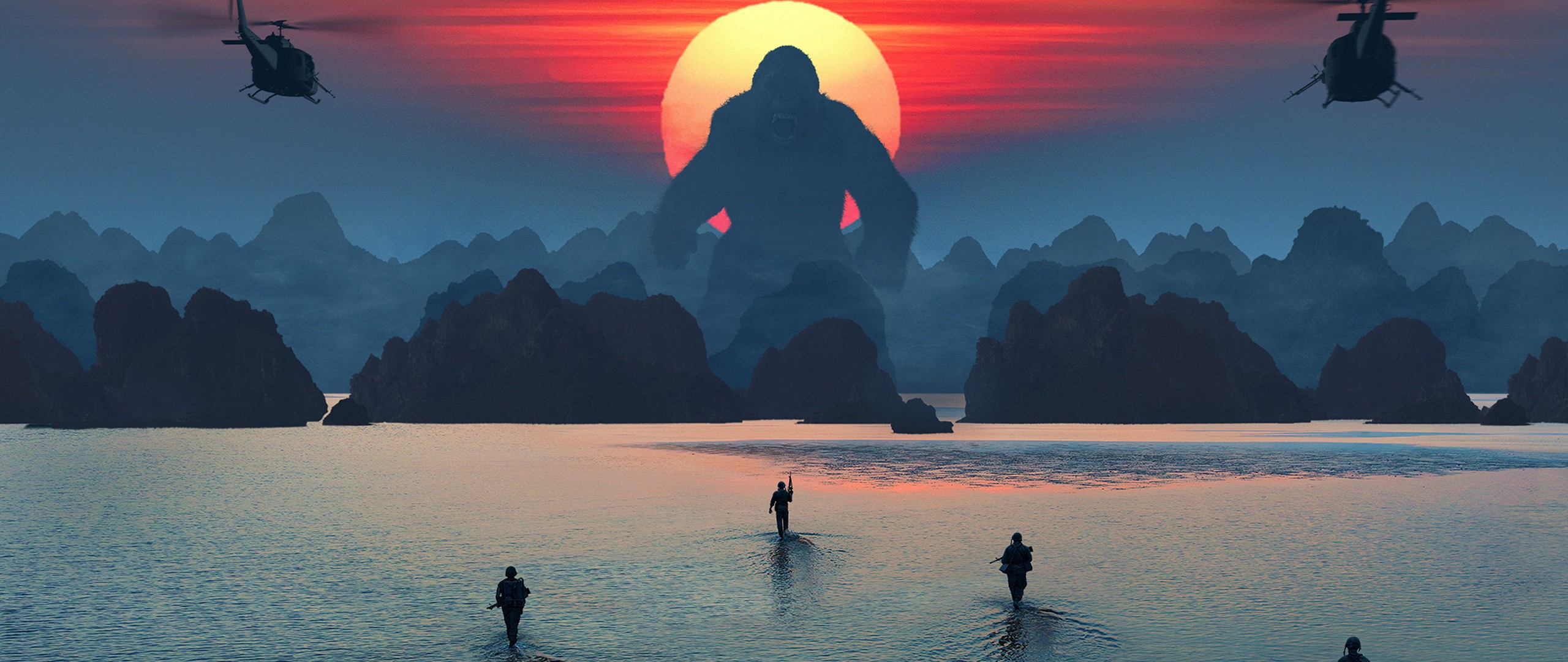 King Kong from Kong: Skull Island with helicopters and soldiers HD Wallpaper