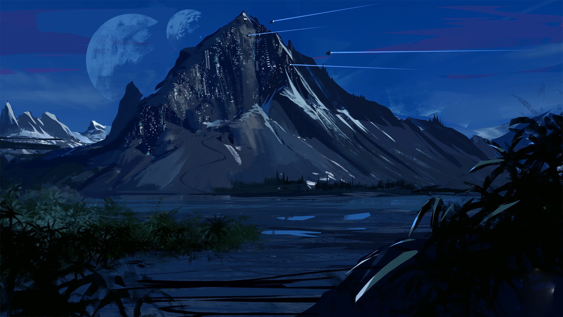 Sci-fi mountain landscape with moons and spacecraft HD Wallpaper