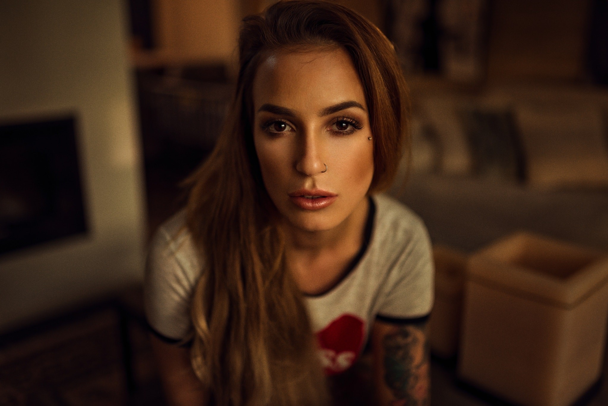 Woman with tattoos and nose ring HD Wallpaper