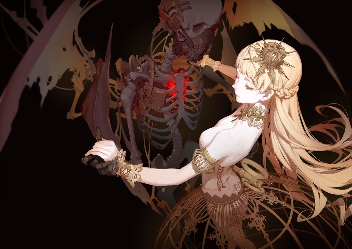Woman dancing with a mechanical skeleton HD Wallpaper