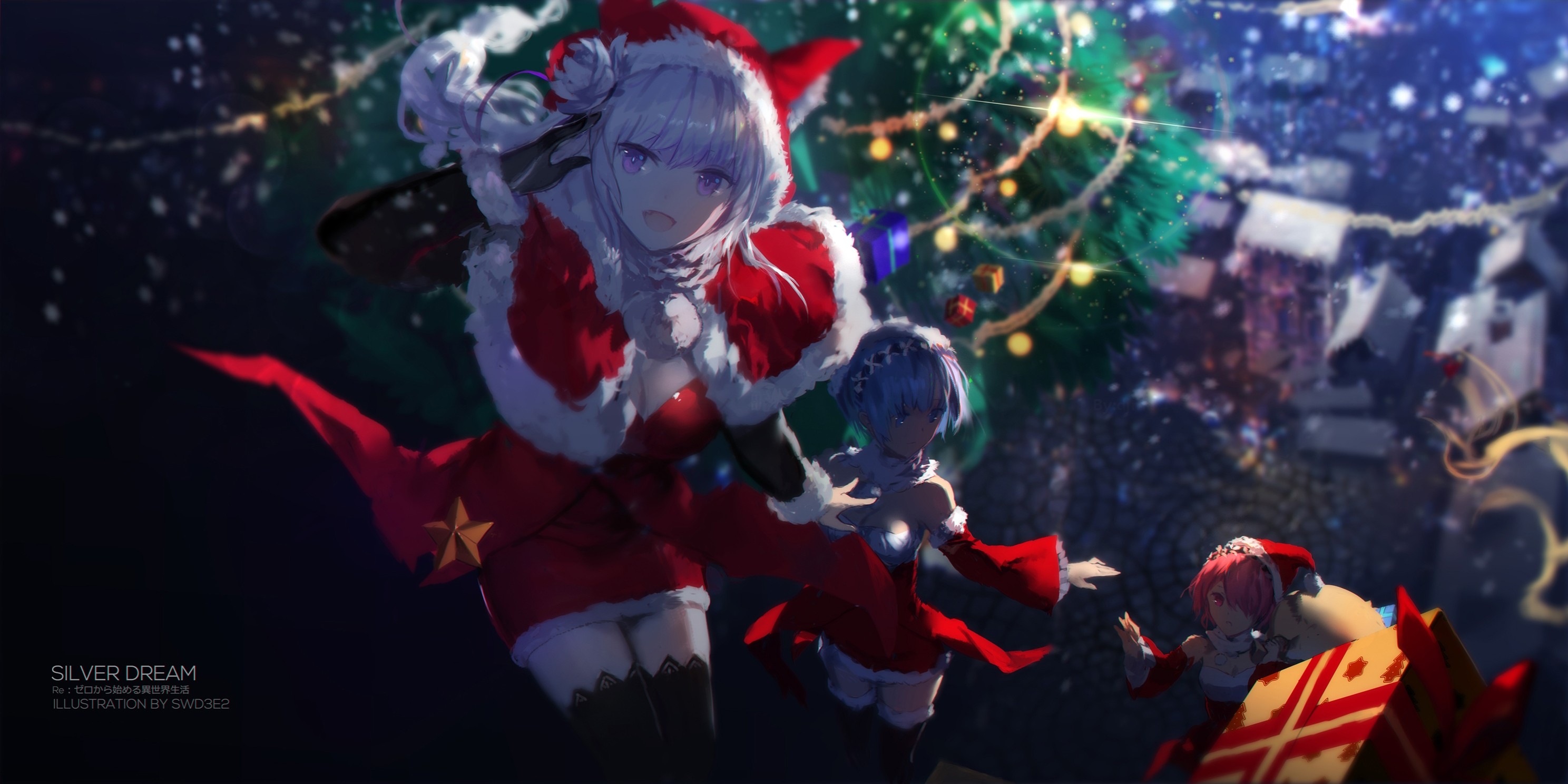 Emilia, Rem, and Ram from Re:Zero in Santa Outfits HD Wallpaper