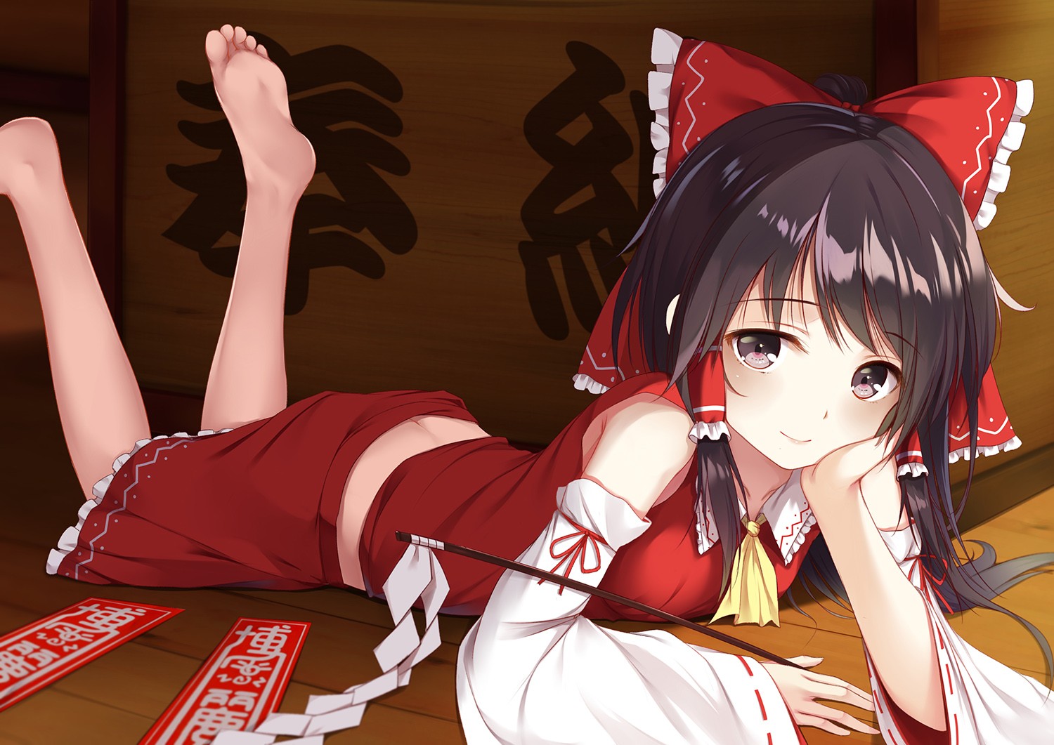Hakurei Reimu from Touhou lying on the floor HD Wallpaper
