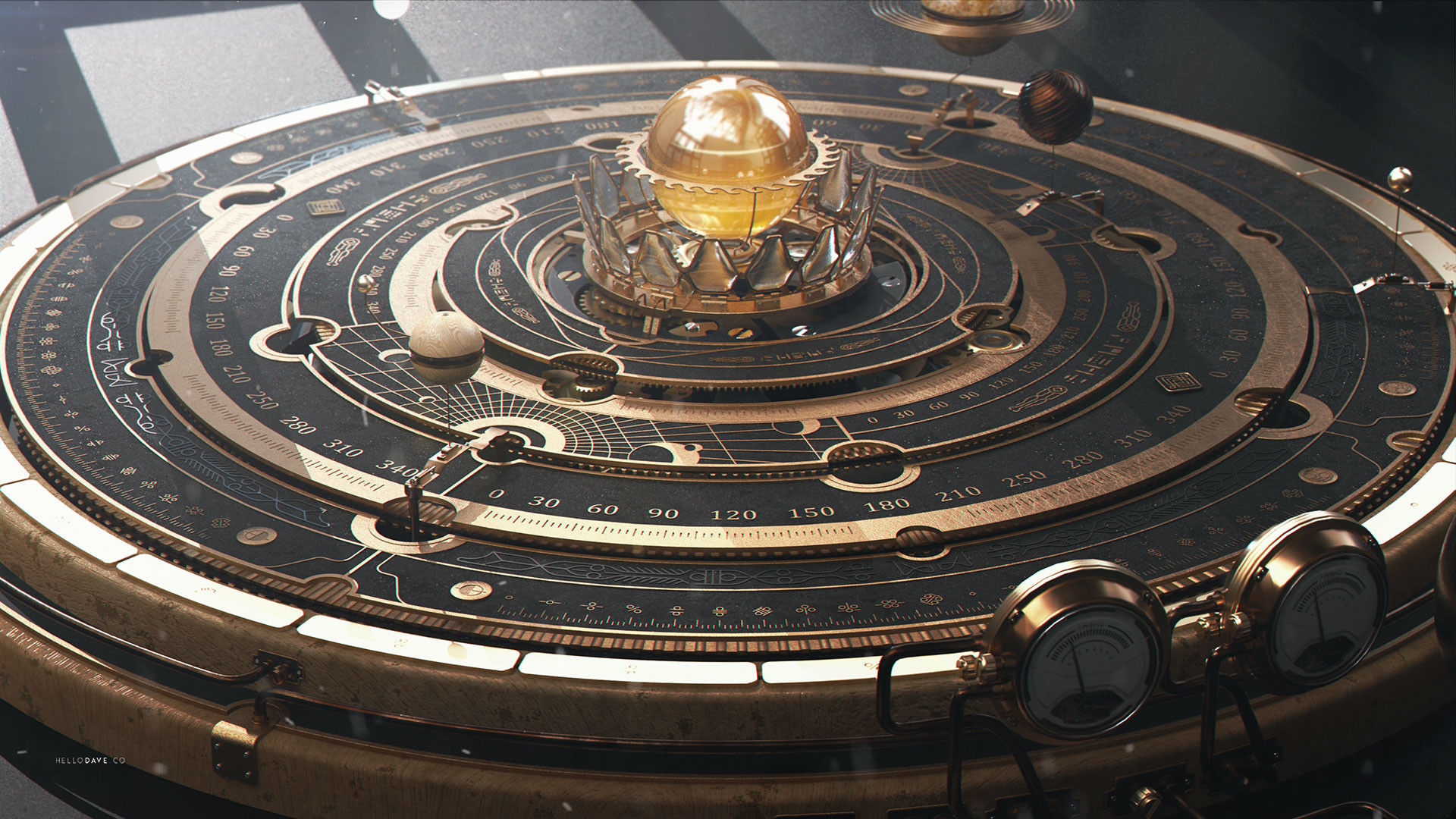 Steampunk Astrolabe with Celestial Orbs HD Wallpaper