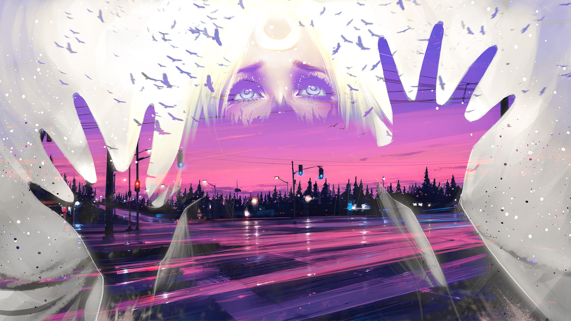 Double exposure of a woman's face and hands over a city street at dusk HD Wallpaper