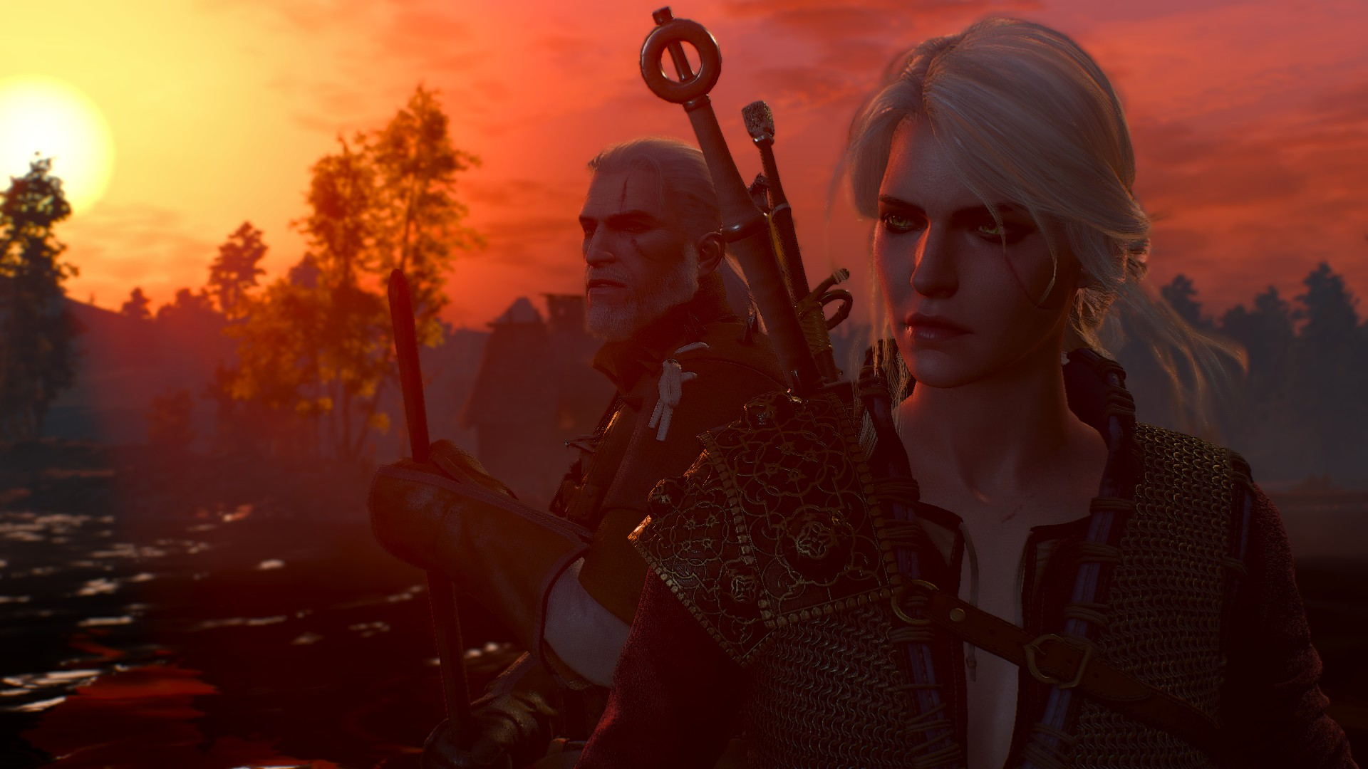 Geralt and Ciri from The Witcher 3: Wild Hunt at sunset HD Wallpaper