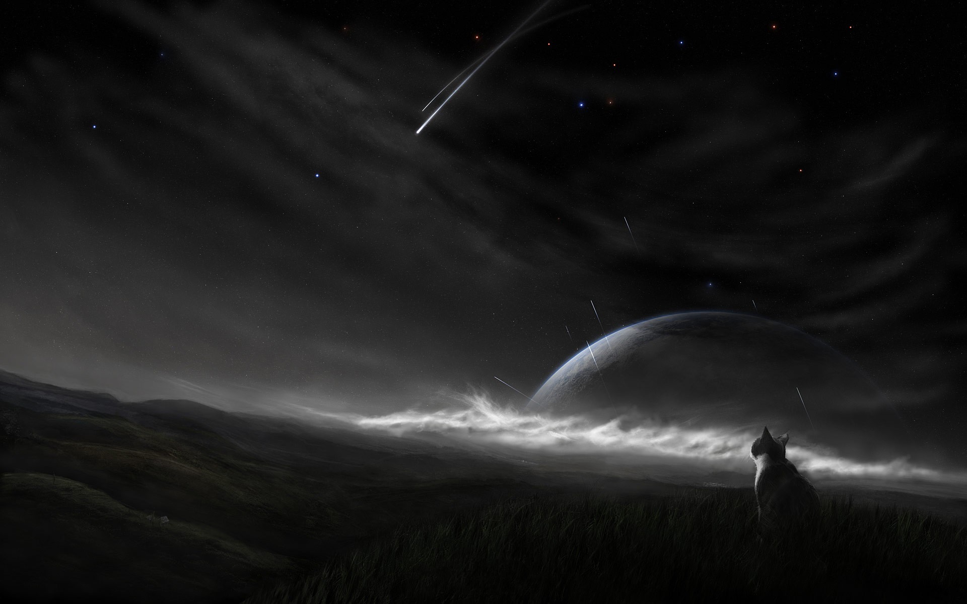 Cat watching a planet and shooting stars HD Wallpaper