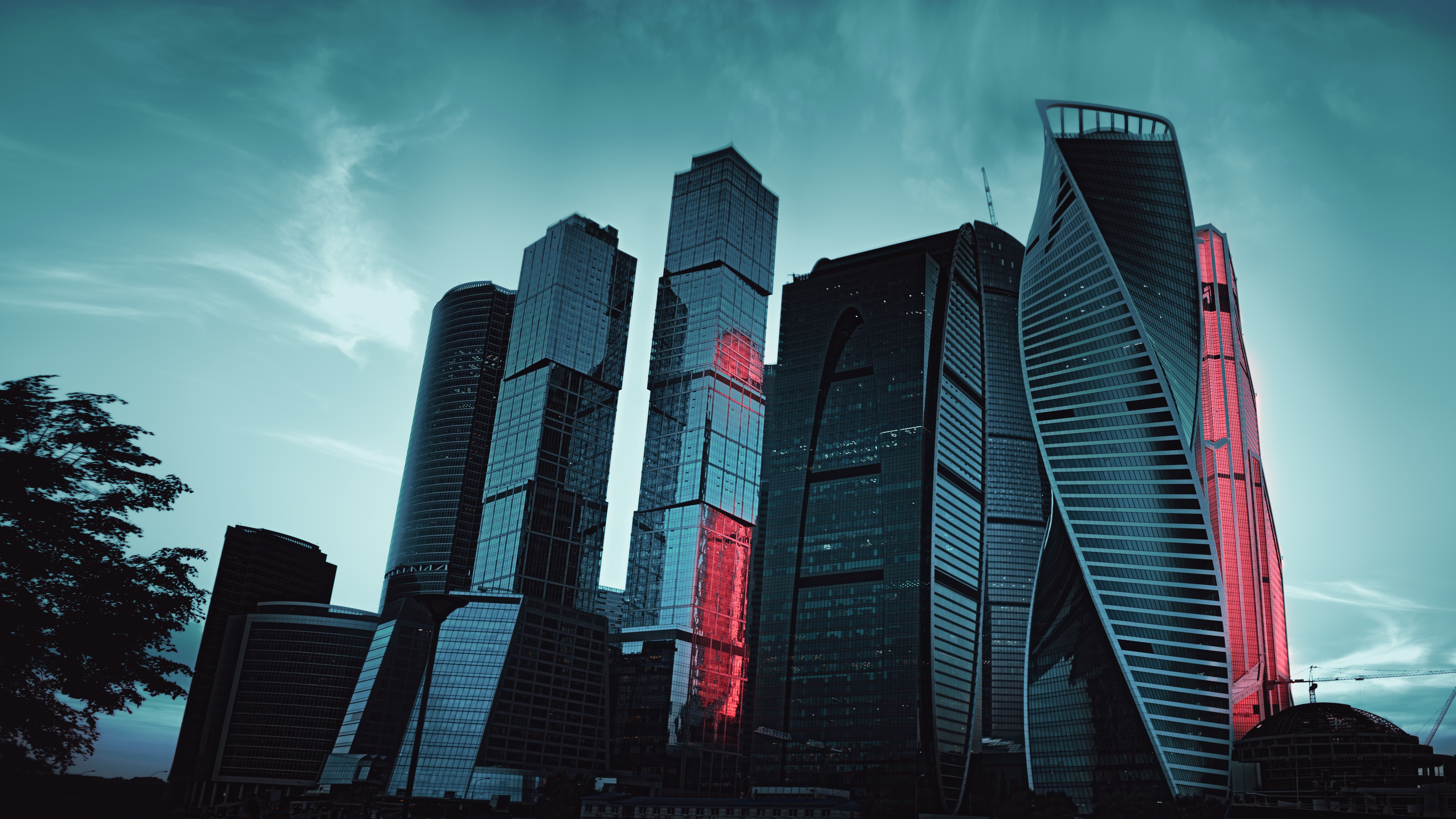Modern skyscrapers in Moscow City at dusk HD Wallpaper