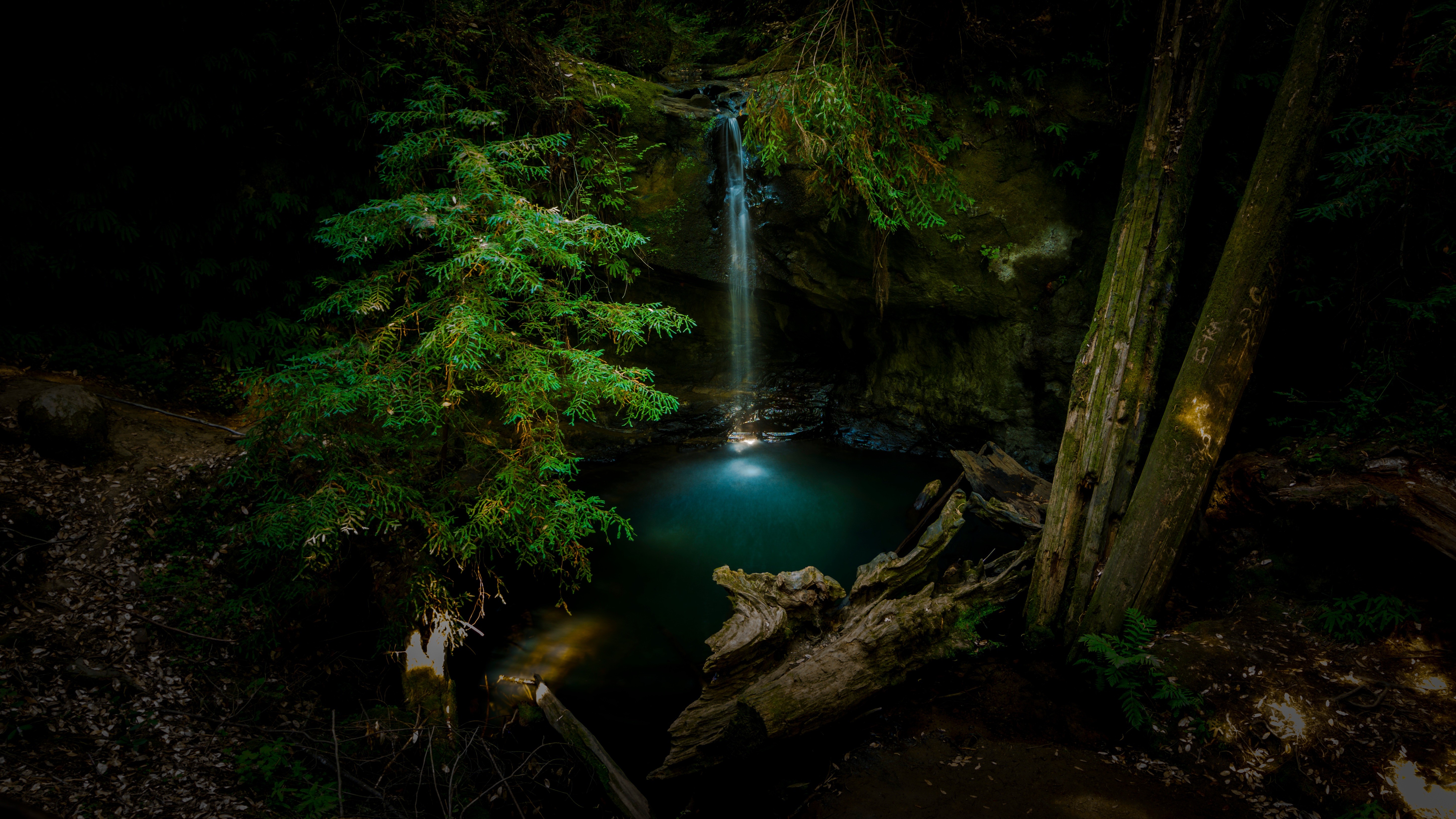 Waterfall cascading into a pool in a dark forest HD Wallpaper