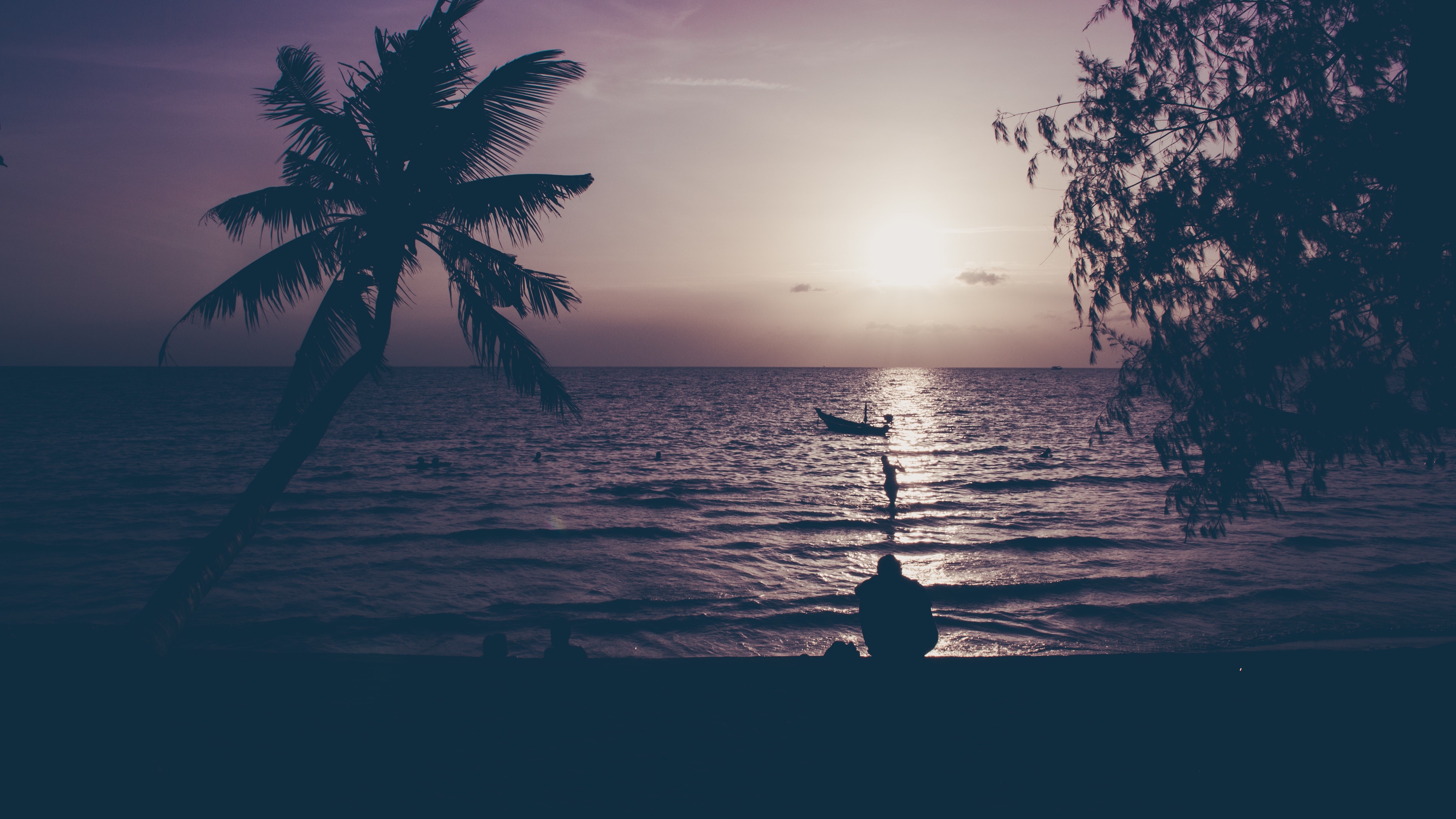 Sunset over the ocean with palm trees and people on the beach HD Wallpaper