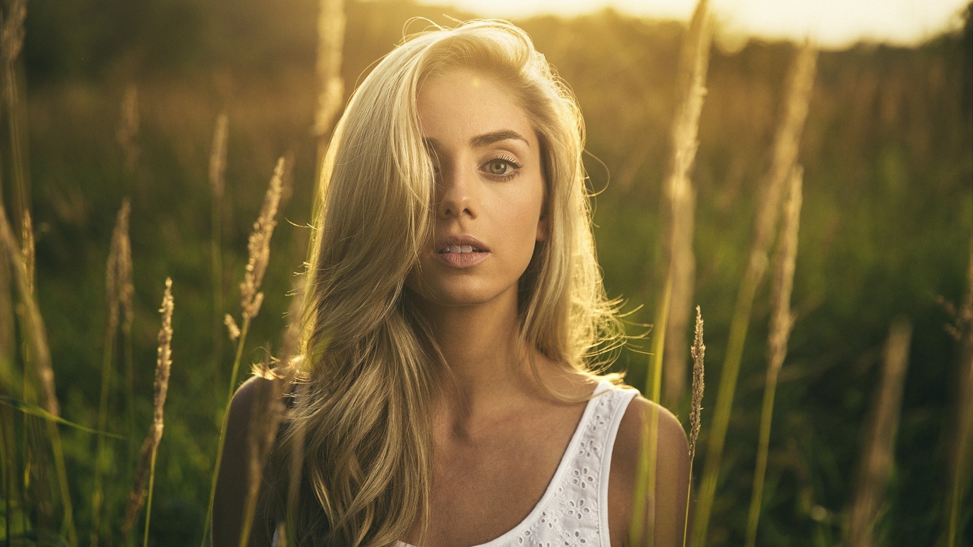 Portrait of a blonde woman in tall grass HD Wallpaper