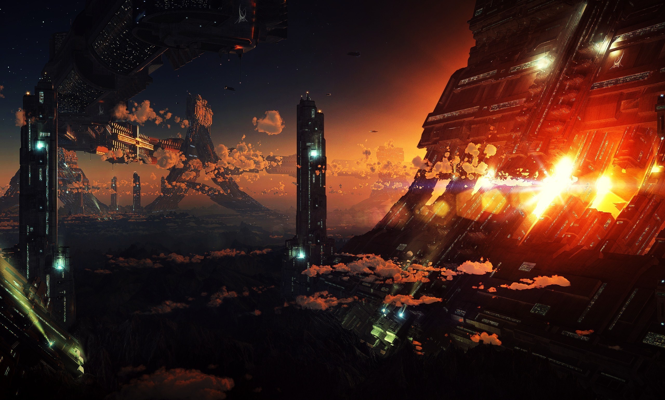 Cyberpunk city with futuristic towers and spacecraft at sunset HD Wallpaper