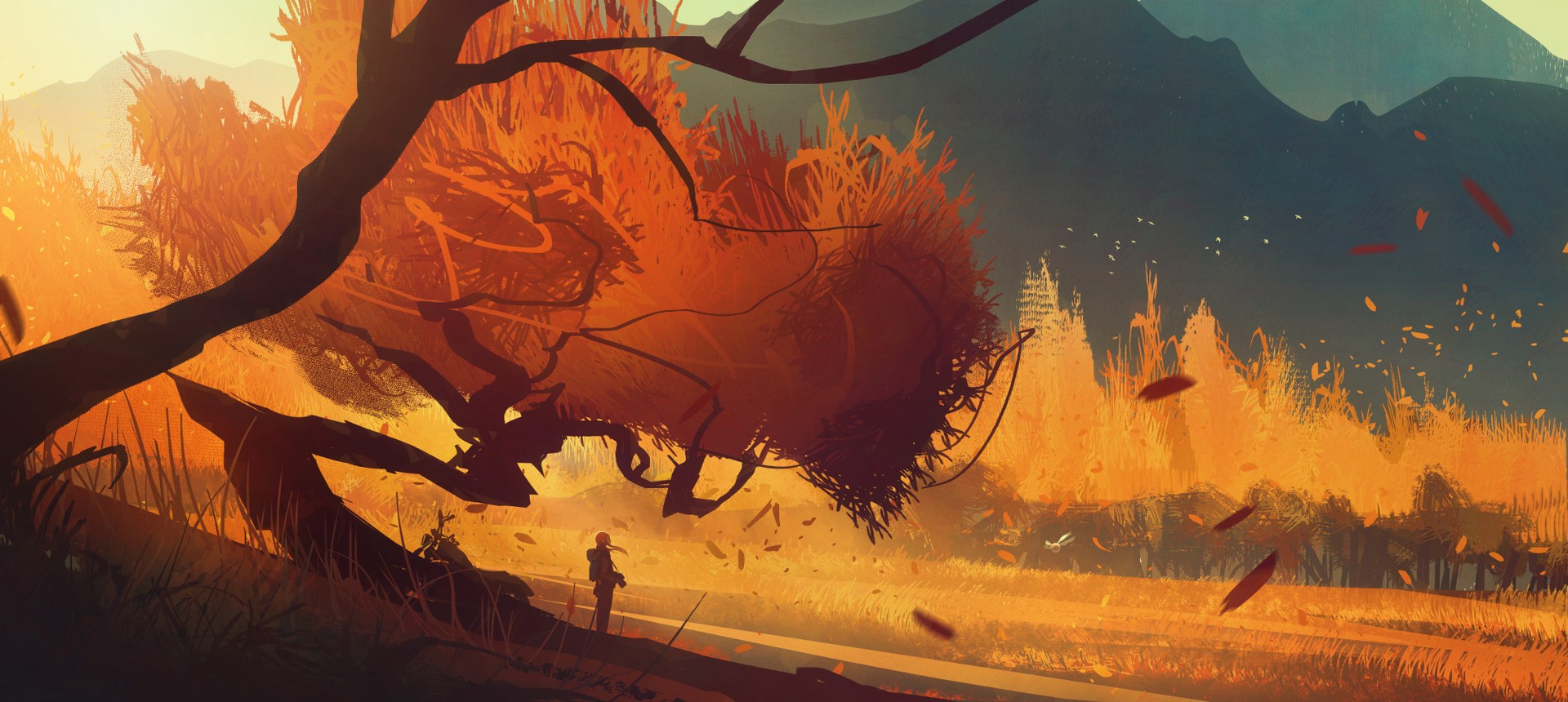 Illustration of a person walking through a fiery landscape at sunset HD Wallpaper