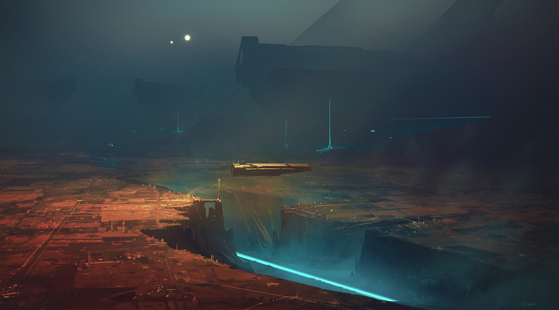 Futuristic landscape with flying vehicle and structures HD Wallpaper