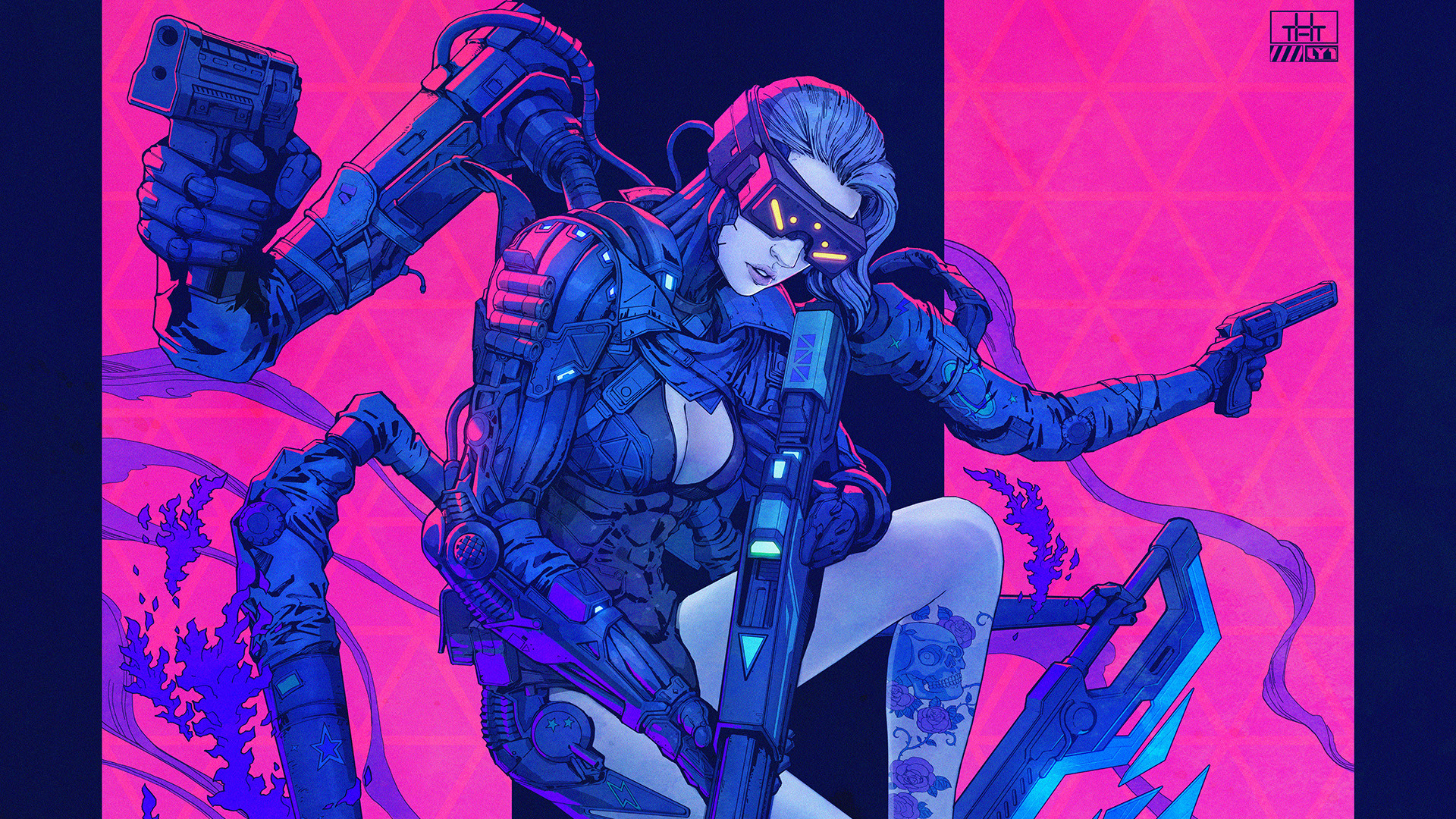 Cyberpunk woman with robotic arms and weapons HD Wallpaper