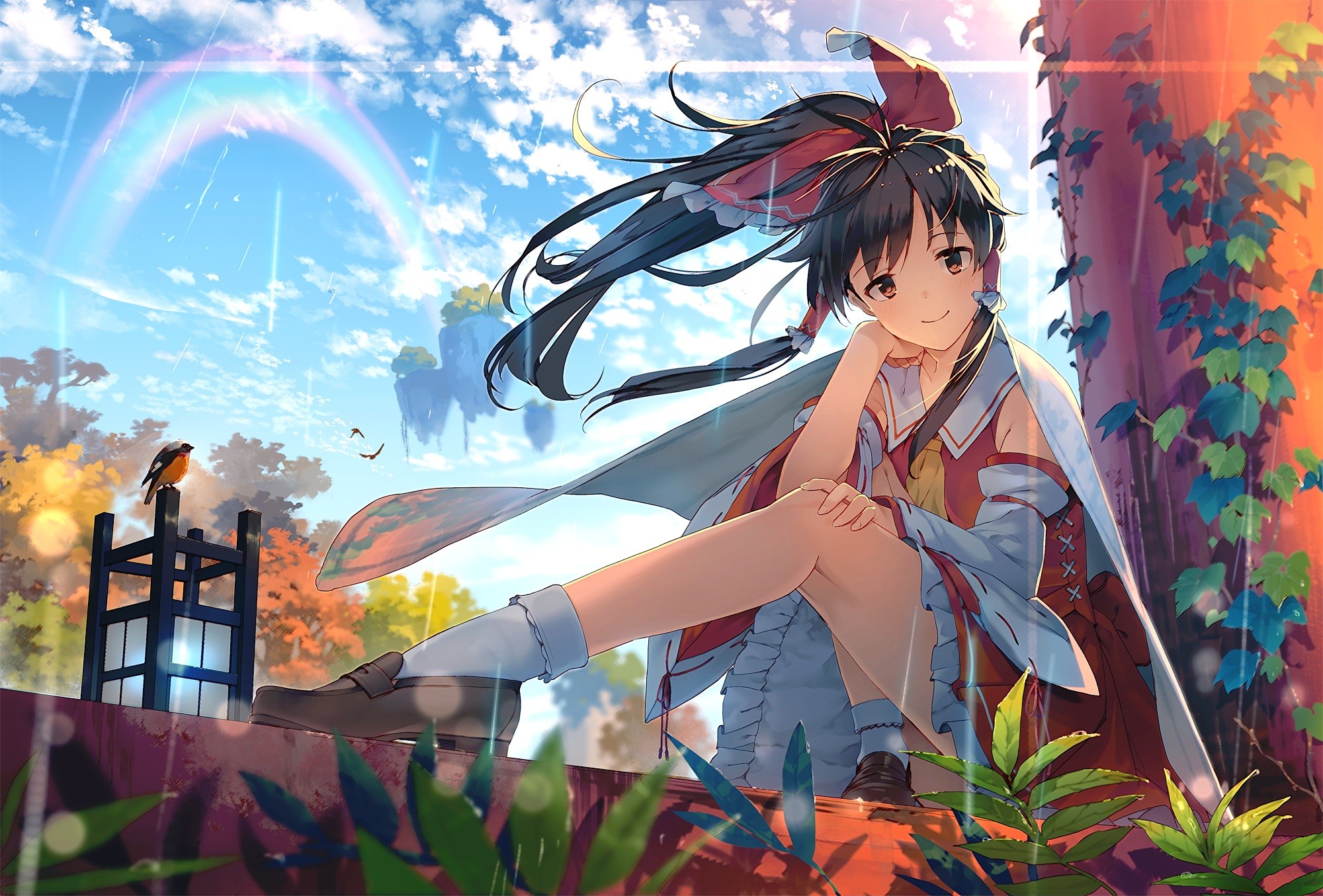 Hakurei Reimu from Touhou with a rainbow and birds HD Wallpaper