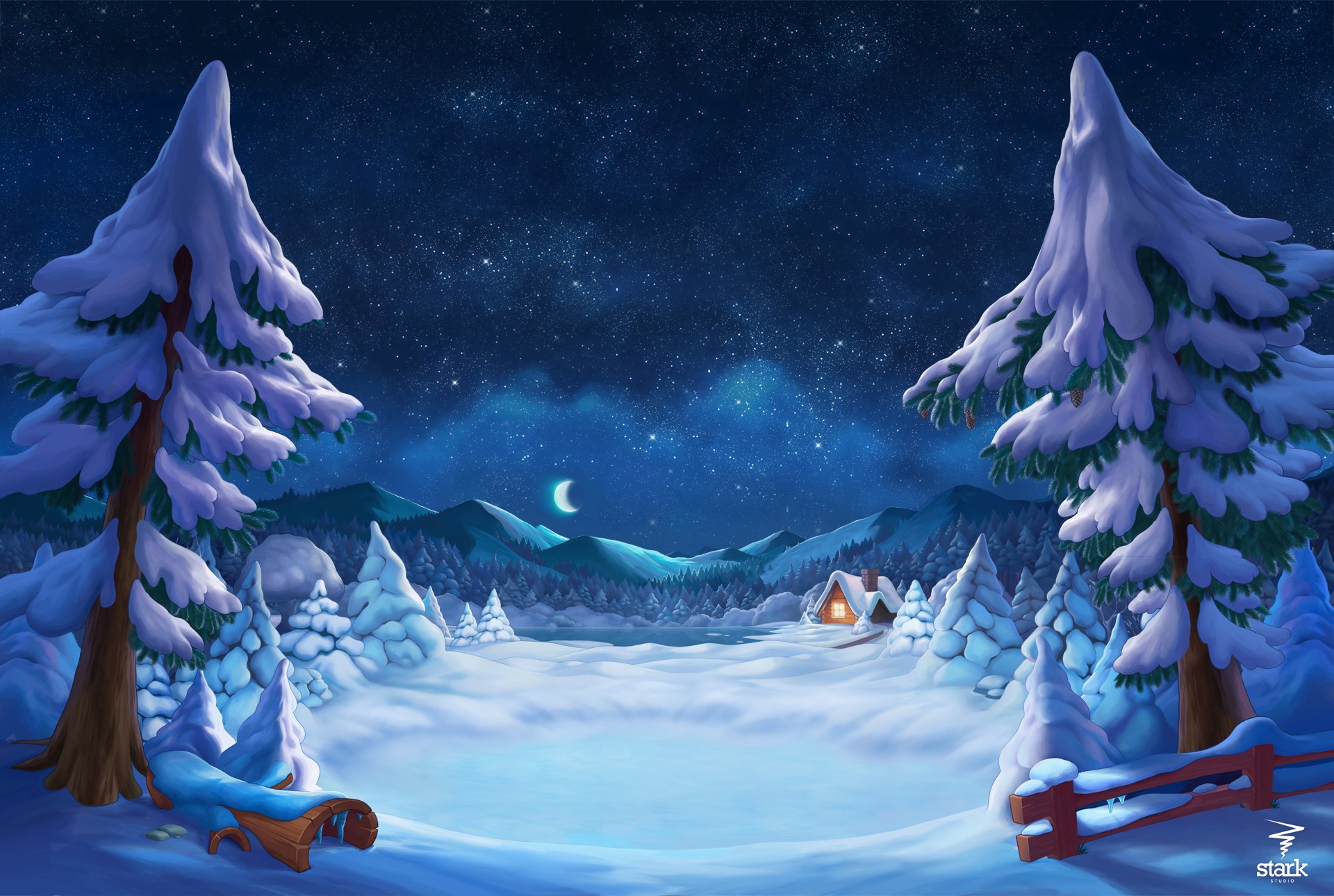 Winter night landscape with snow-covered trees and a cabin HD Wallpaper