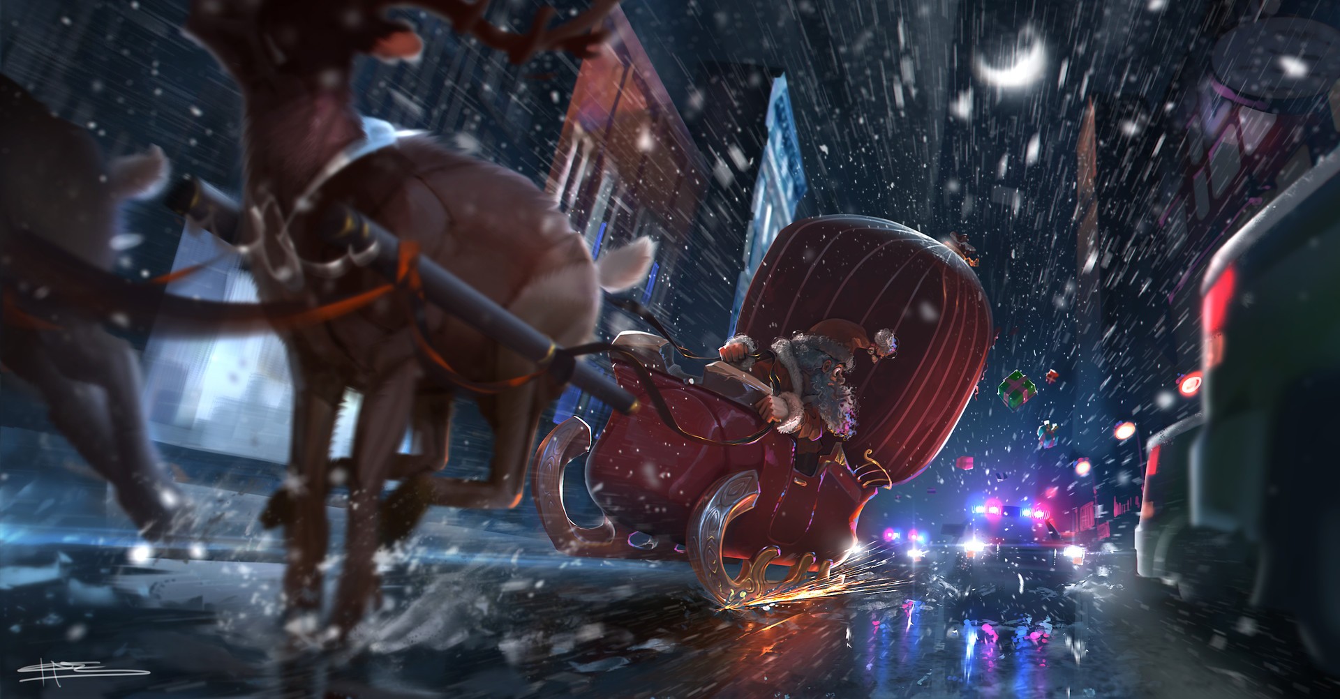 Santa Claus in a Sleigh Pulled by Reindeer in a Snowy City HD Wallpaper