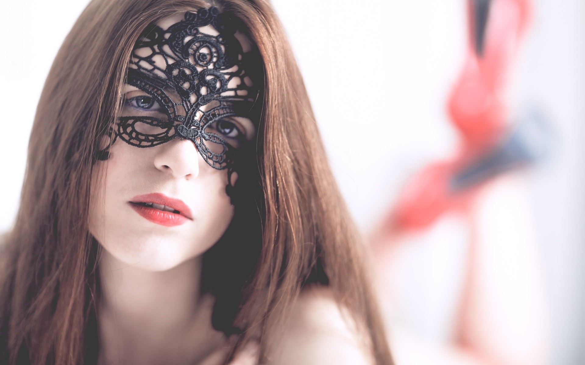 Woman wearing a black lace mask HD Wallpaper